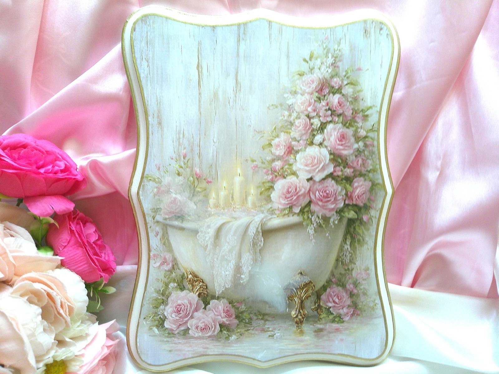 Shabby Chic Victorian~White Clawfoot Tub Image w/Pink Roses~Wooden Plaque~OOAK