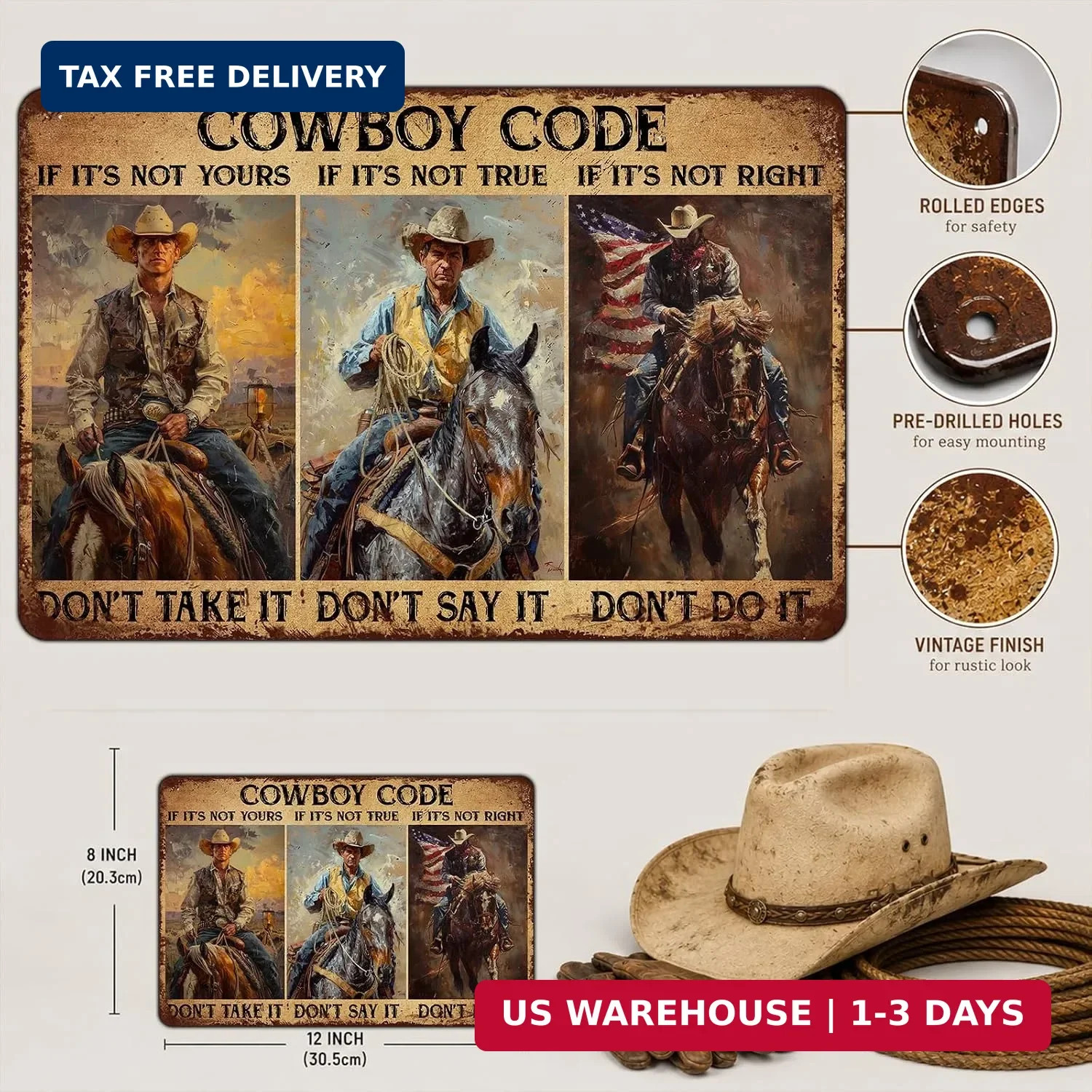 Cowboy Code Metal Sign Western Wall Decor for Man Cave Rustic Cowboy Tin Sign fo