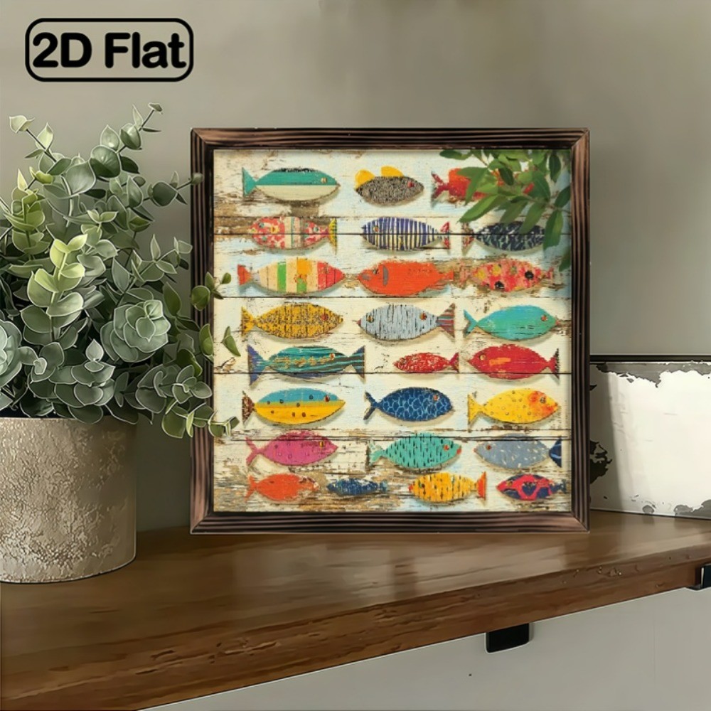 Vintage Folk Hand Painted Fish Coastal Rustic Wooden Sign Bathroom Art Decor