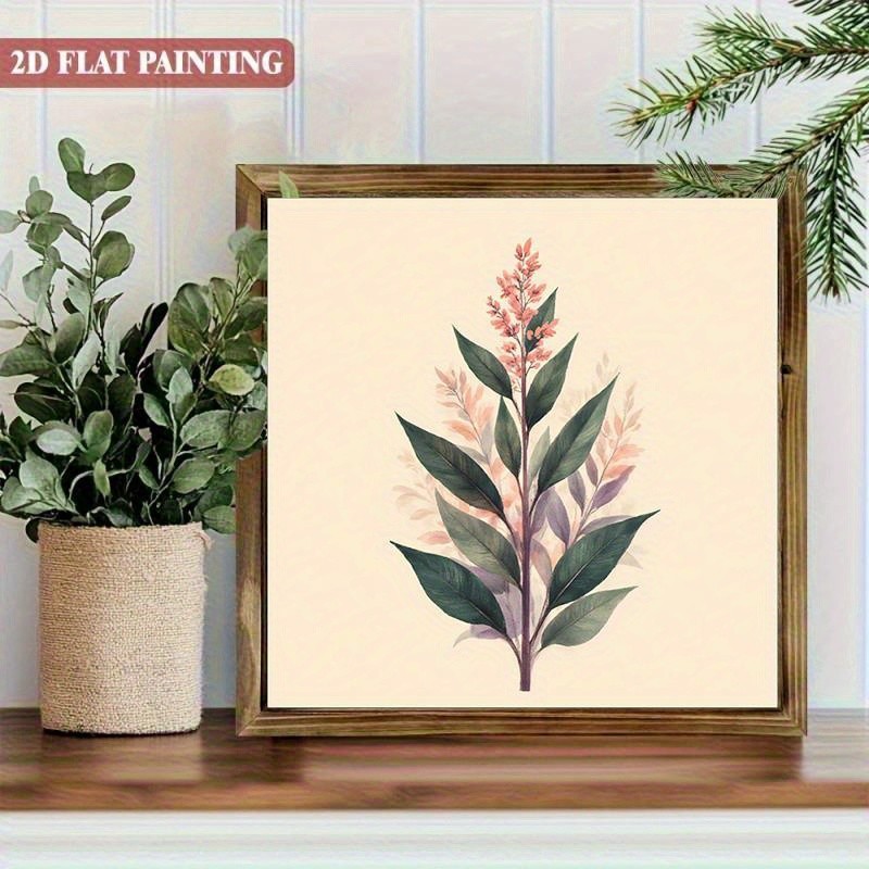 Blush Pink Floral Stem Green Leaf Botanical Wooden Plaque Neutral Rustic Decor