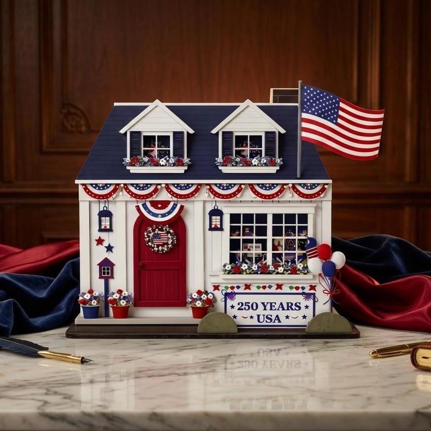 America 250 Wooden House Decor Patriotic 1776–2026 Display Red White Blue Sign