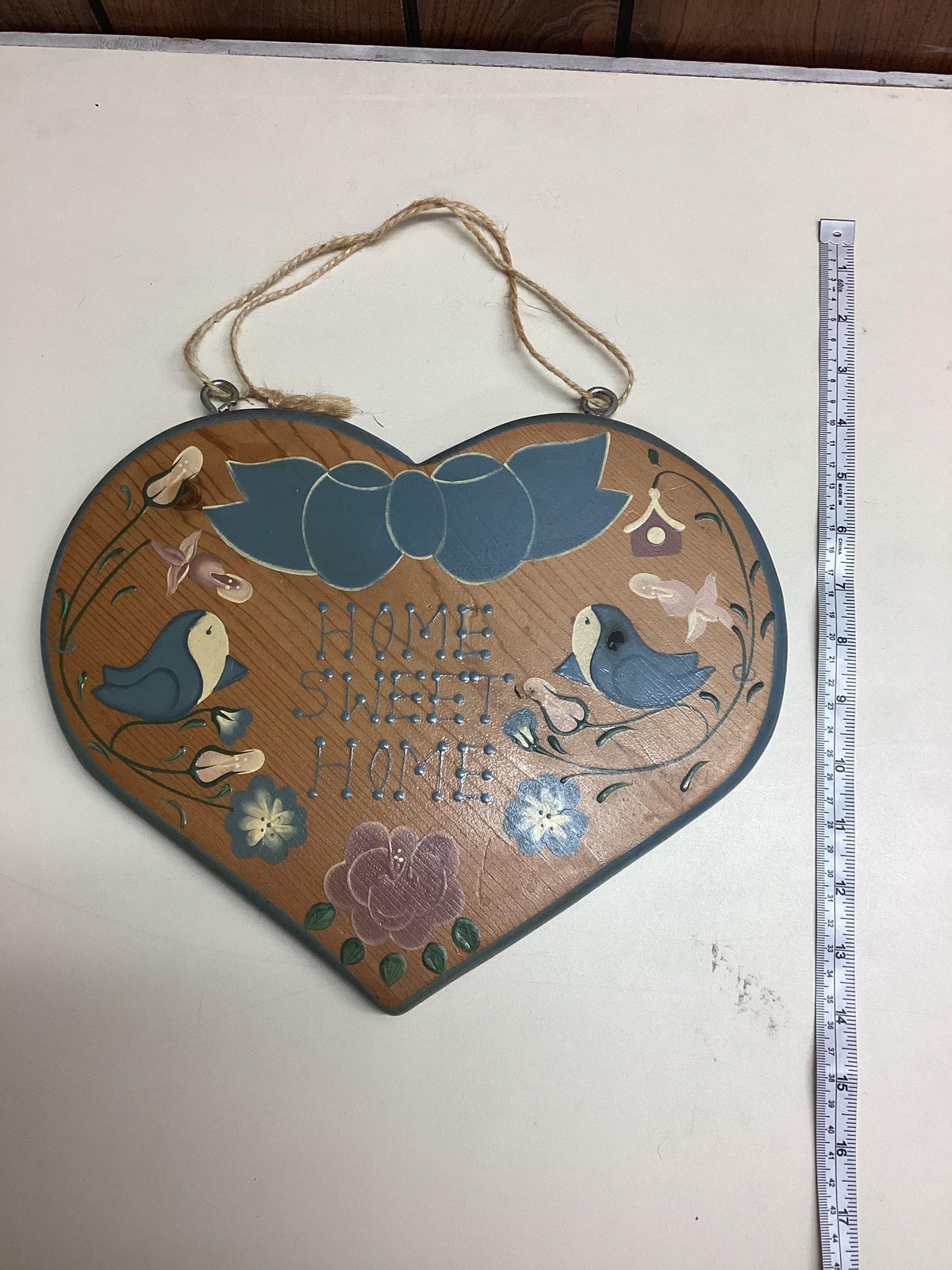 Vintage English Rose JDI Heart Wall Plaque Home Sweet Home Floral Medium Brown