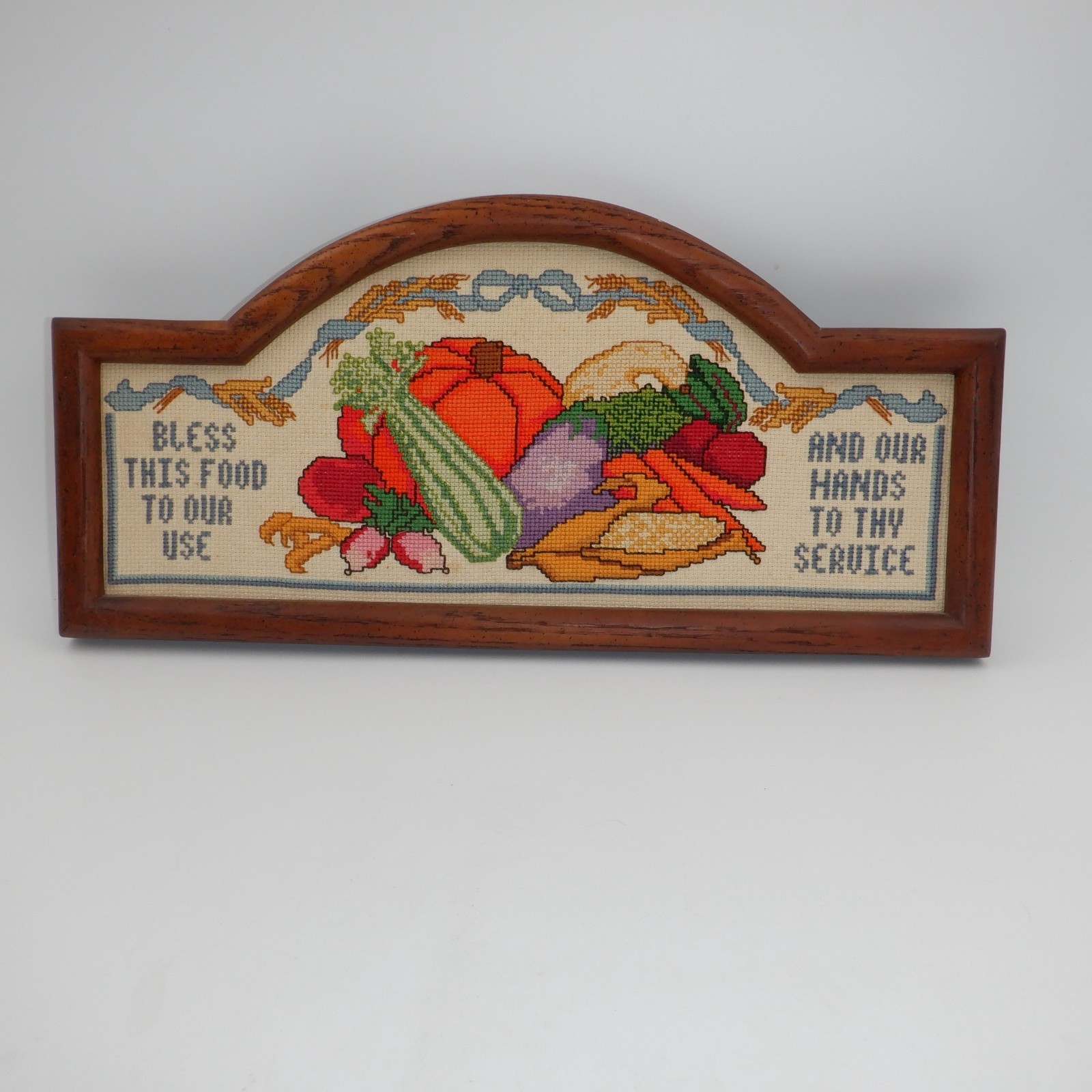 RARE 1980s Embroidered Bless This Food Sign Cross Stitch Multicolor Framed