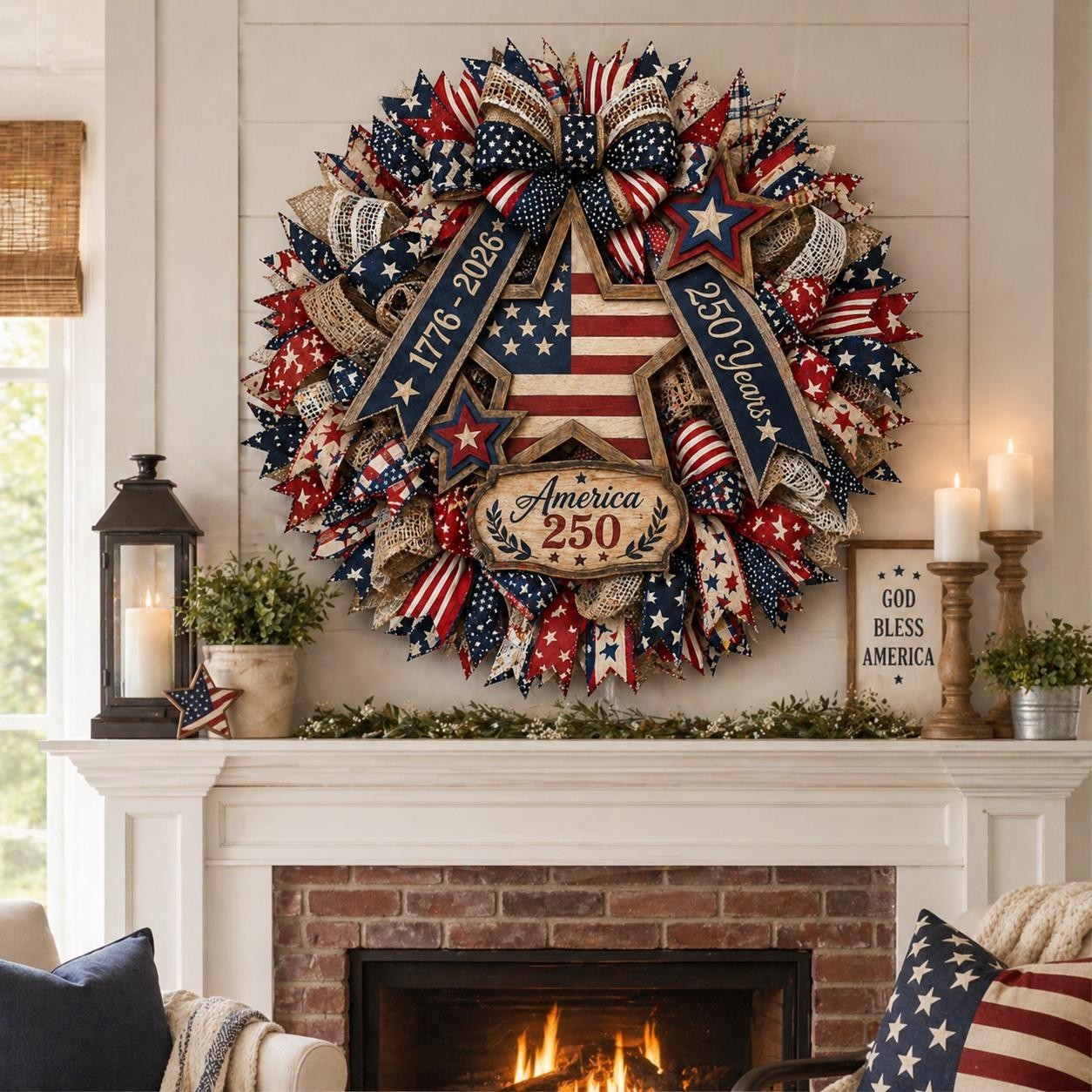 America 250th Years Wooden Wreath, Patriotic Eagle Door Sign Plaque