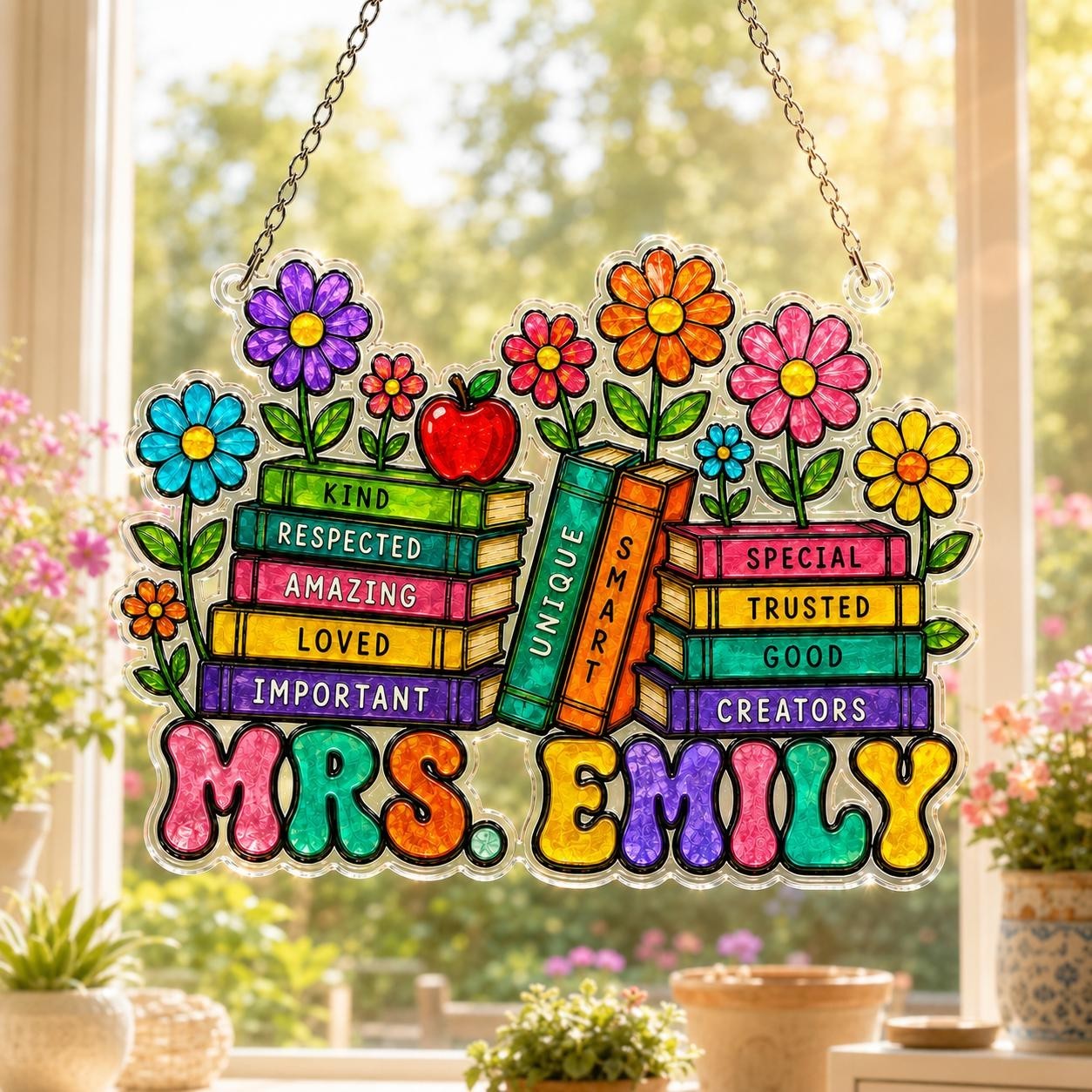 Custom Teacher Acrylic Suncatcher Personalized Name Book Stack Window Hanging