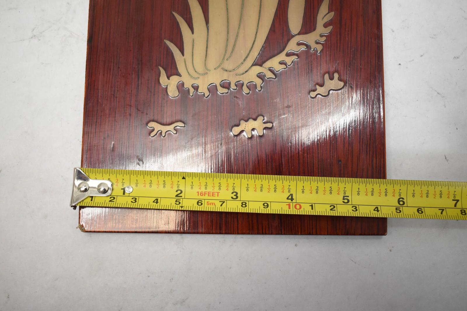 Asian Floral Butterfly Wall Plaque Brown Wood Medium Rectangular with Gold Inlay