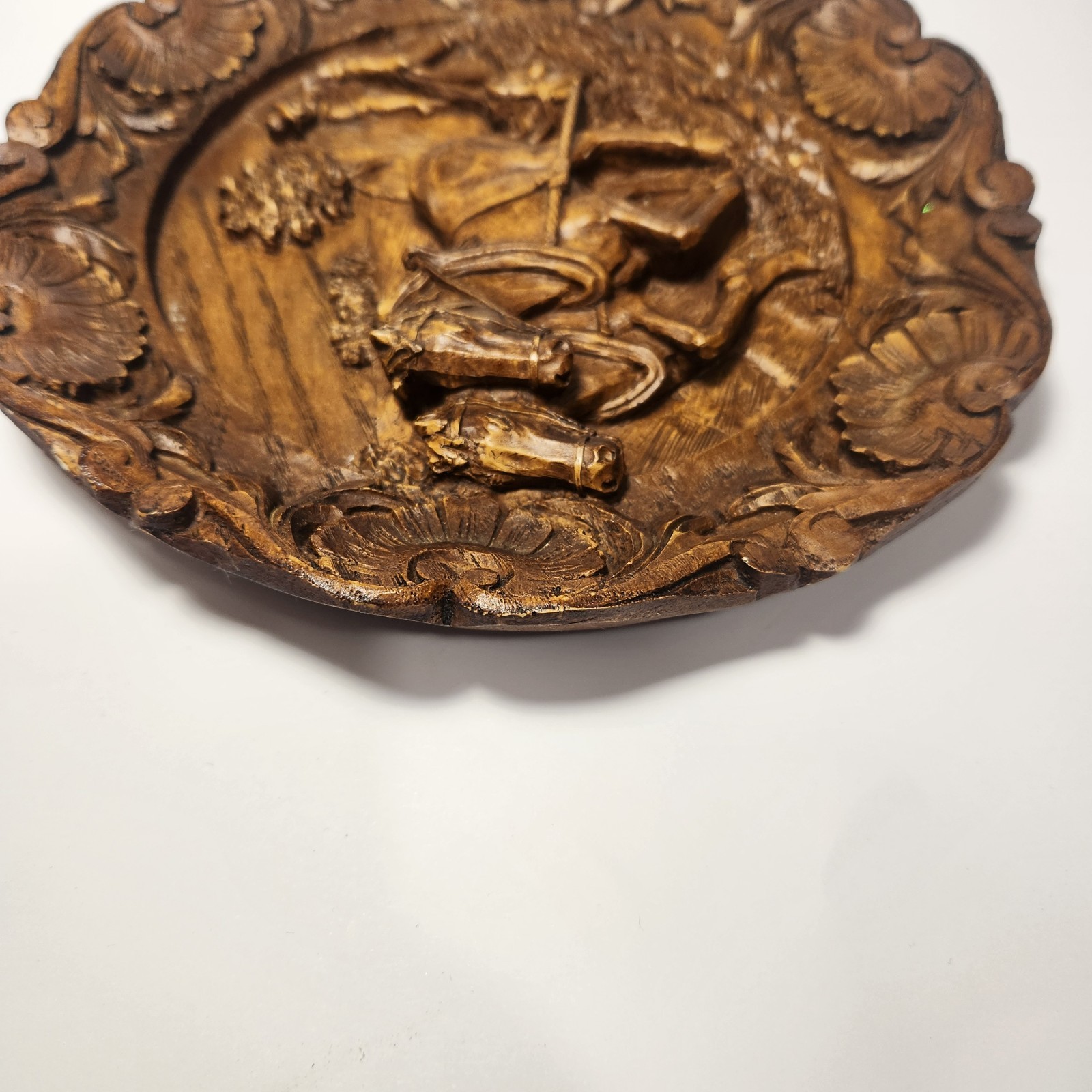 Hand Carved Wood/Resin Plaque Farmer Plowing Field Detailed