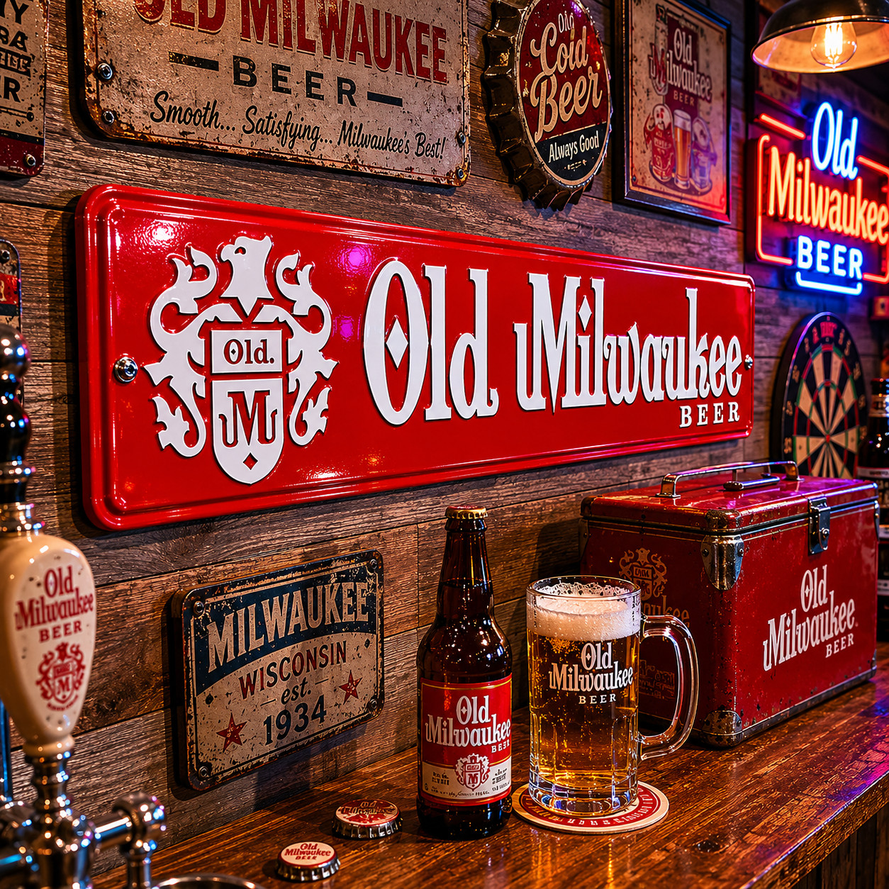 Old Milwaukee Beer Sign Embossed Metal Street Sign 24″ x 5″ Bar Wall Decor