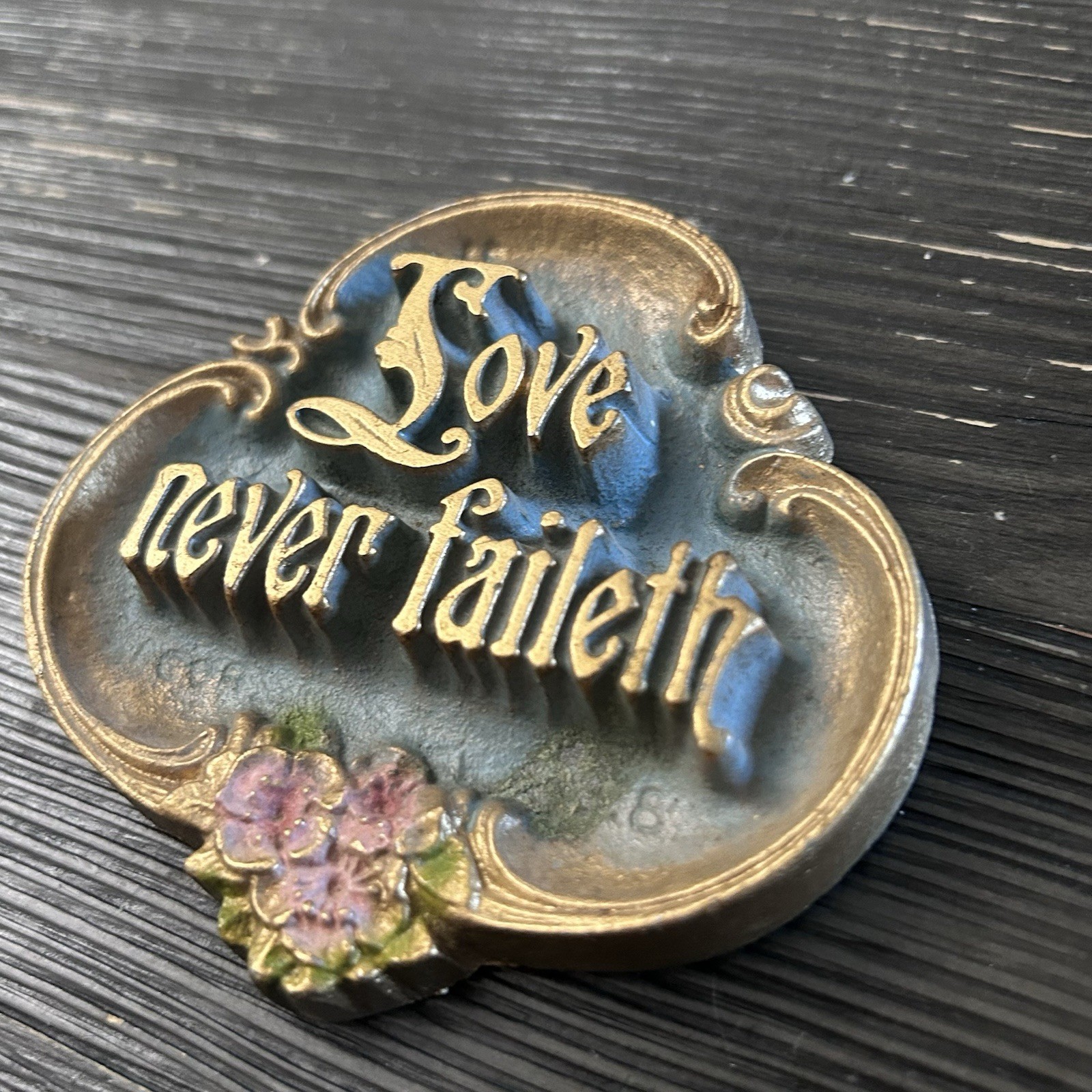 Vintage Metal Wall Plaque “Love Never Faileth” 1928 Ornate Floral Antique 4in