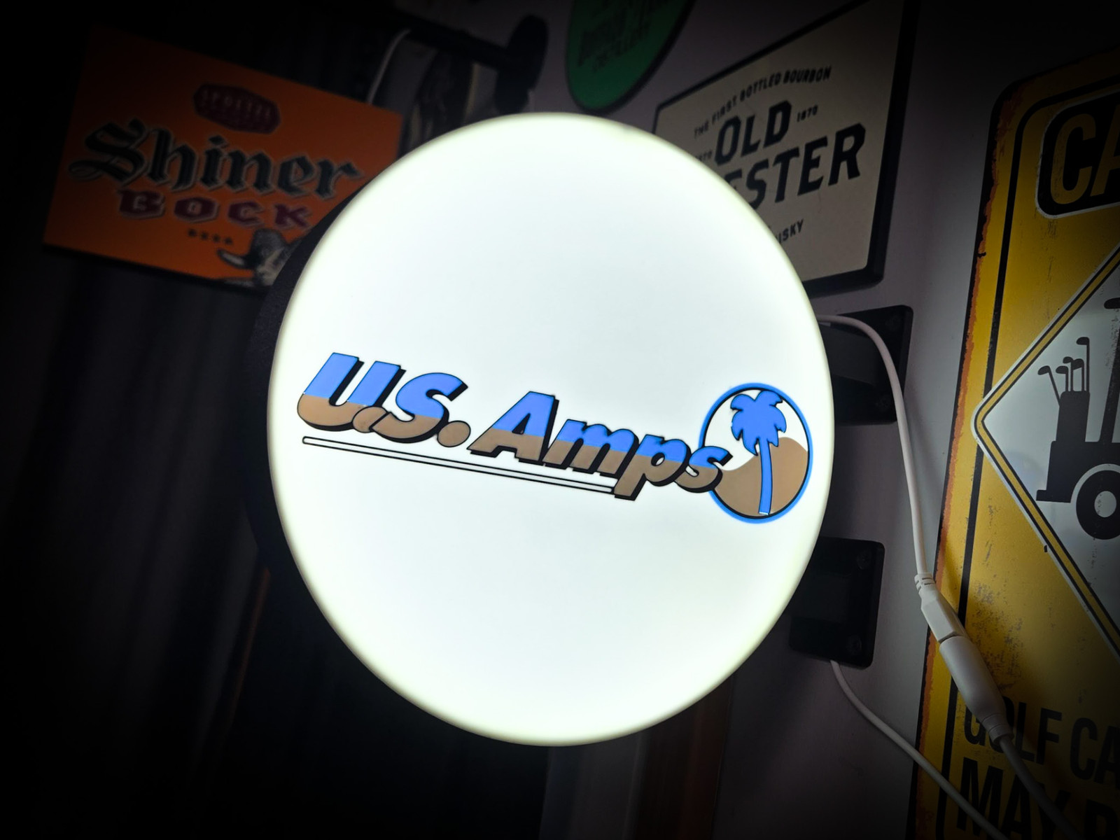 US Amps LED Lightbox Sign 3D Printed Round Wall Mount Man Cave Garage Decor
