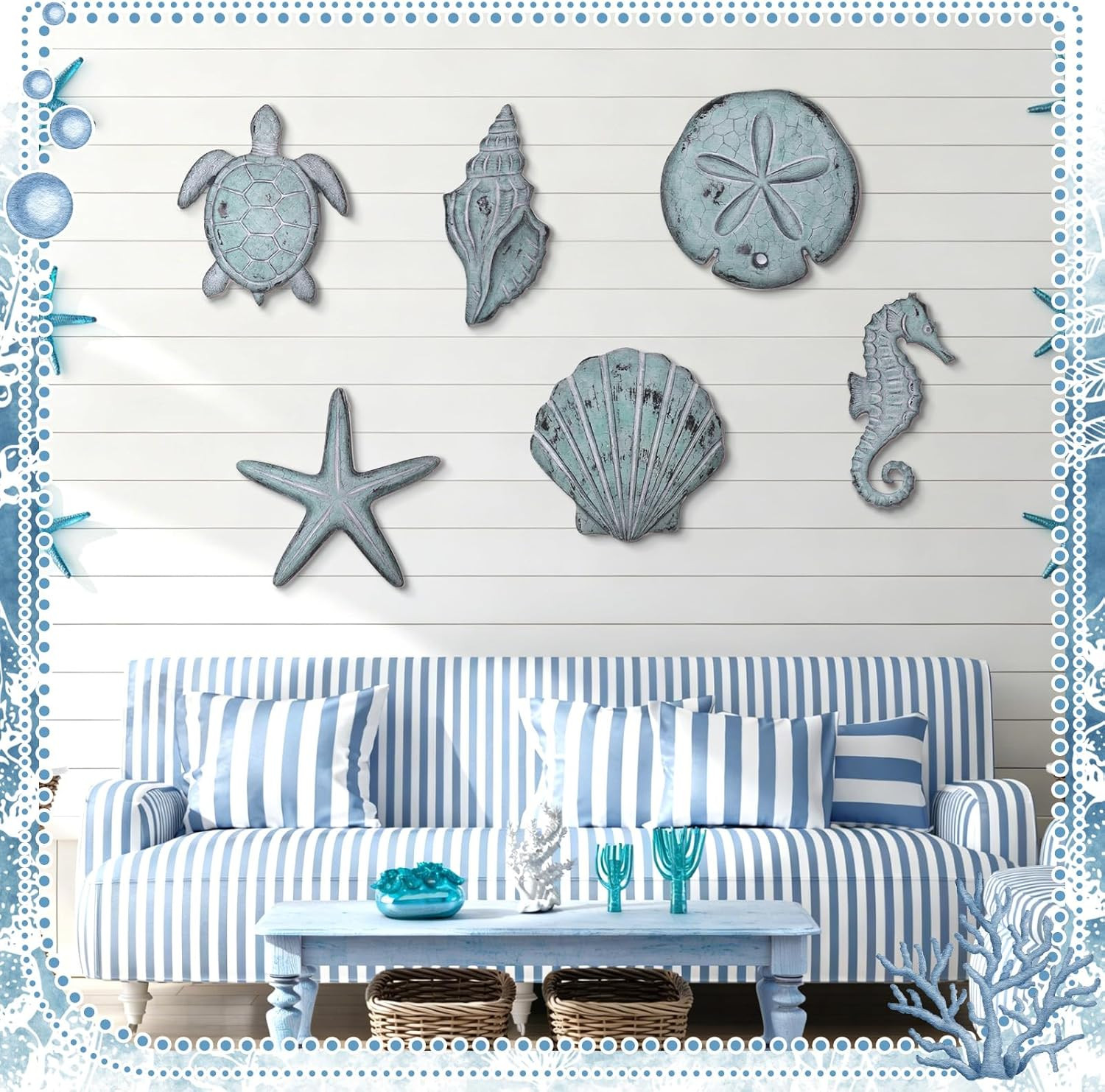 6 Pcs Beach Wall Decor Summer Coastal Ocean Wall Art Vintage Seashell Starfish N