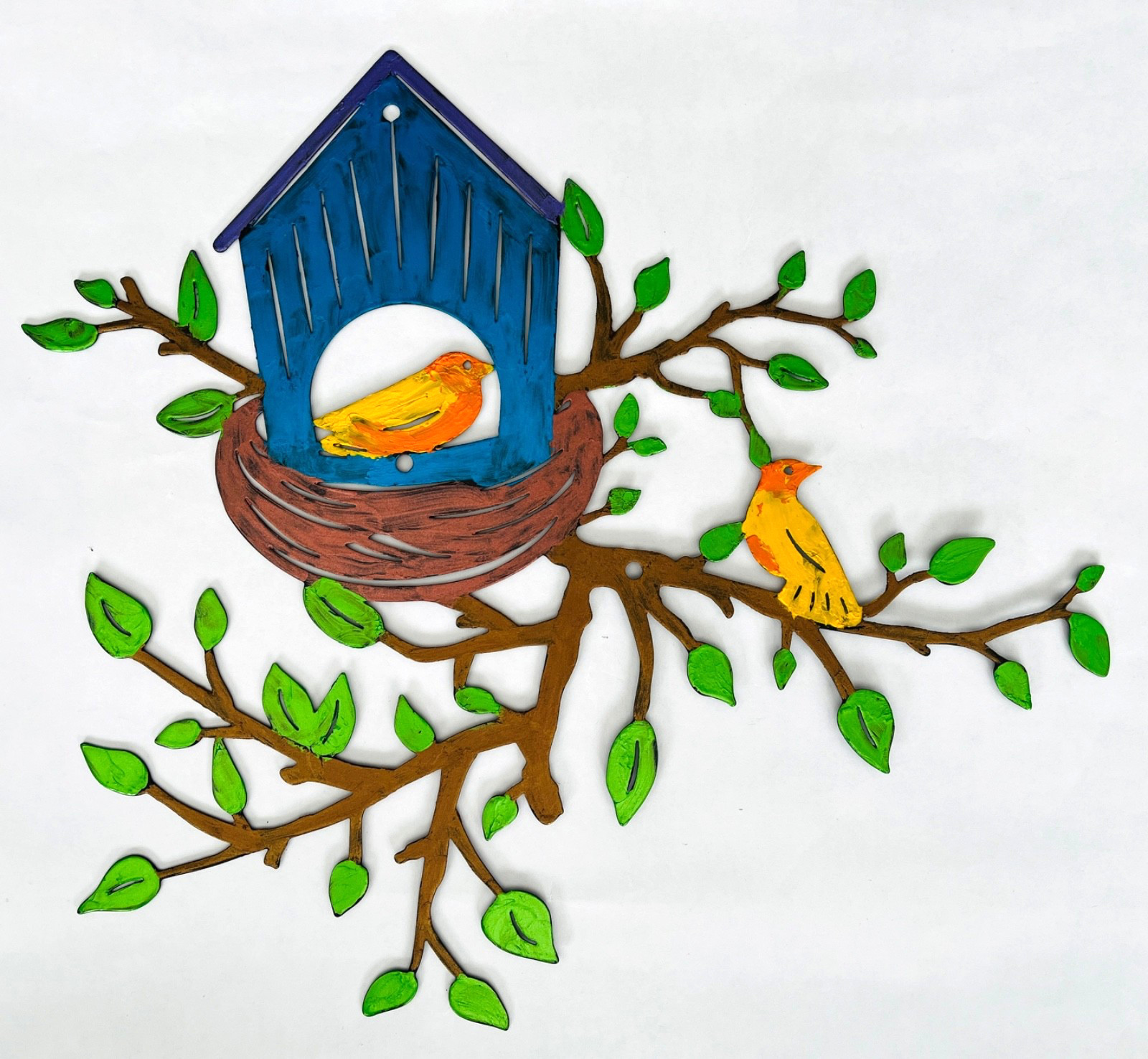 Tree Branch with Birds Bird House Metal Wall Art Hand Painted Metallic Paints