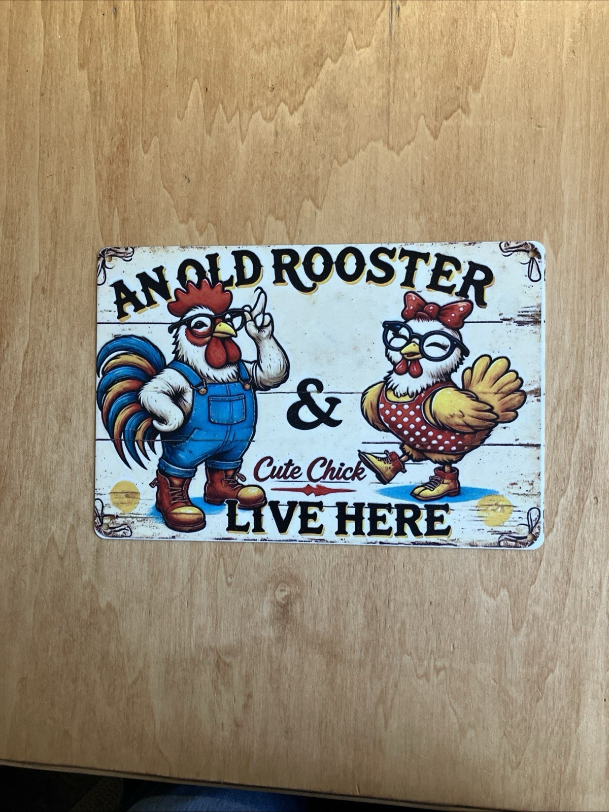 “An Old Rooster And A Cute Chick Live Here”Metal Tin Sign 12 X 8 Inches