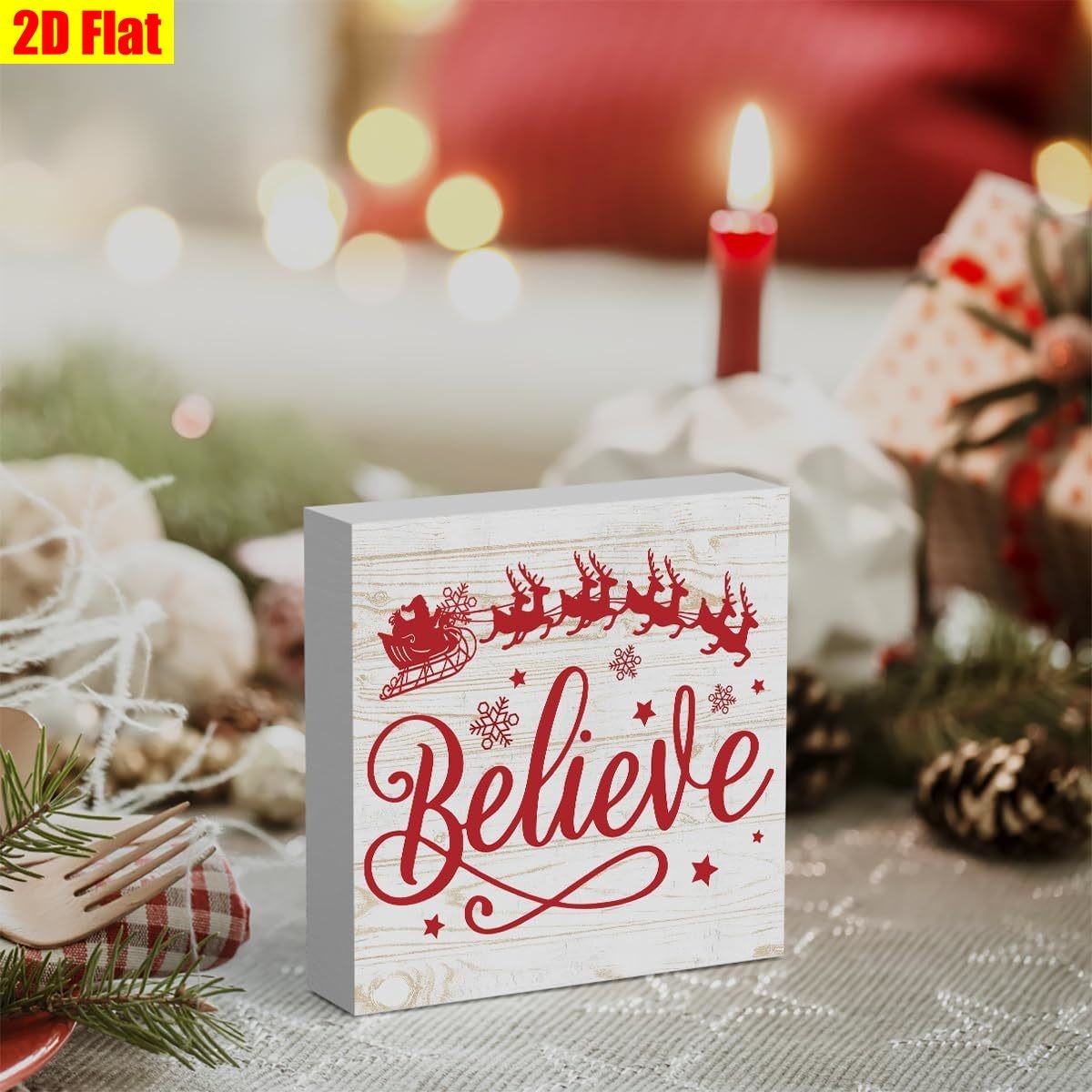 Believe Santa Sleigh Wooden Box Sign Indoor Winter Table Ornament Decoration