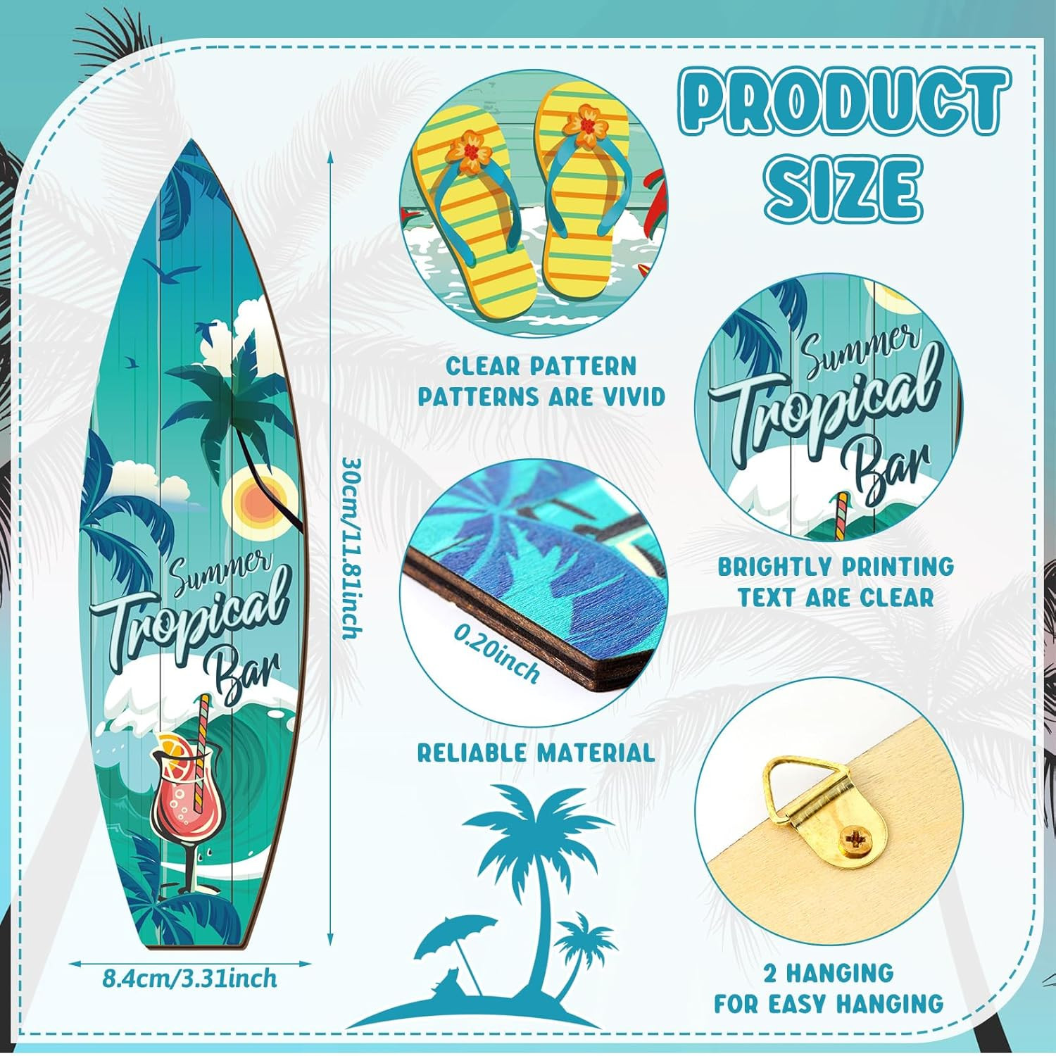 4 Pcs Surfboard Decor Hawaiian Wooden Beach Wall Decor Tiki Tropical Bar Decorat