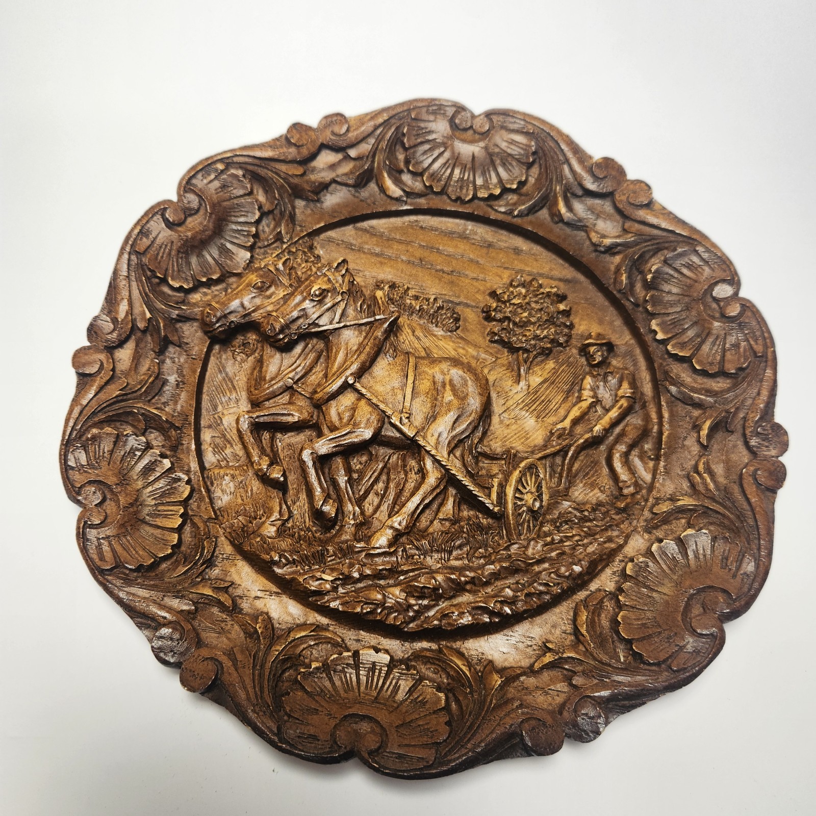 Hand Carved Wood/Resin Plaque Farmer Plowing Field Detailed