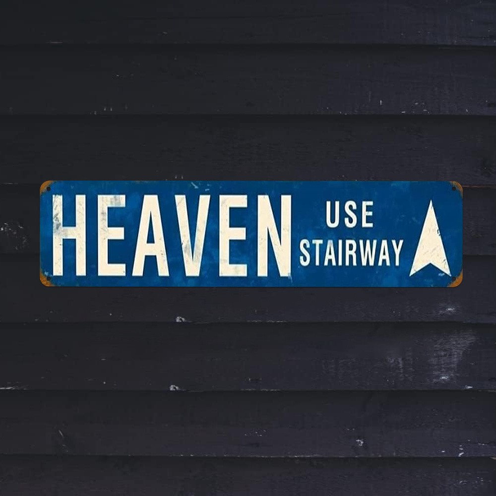 Retro “HEAVEN USE STAIRWAY” Weathered Metal Street Sign with Arrow for Man Cave