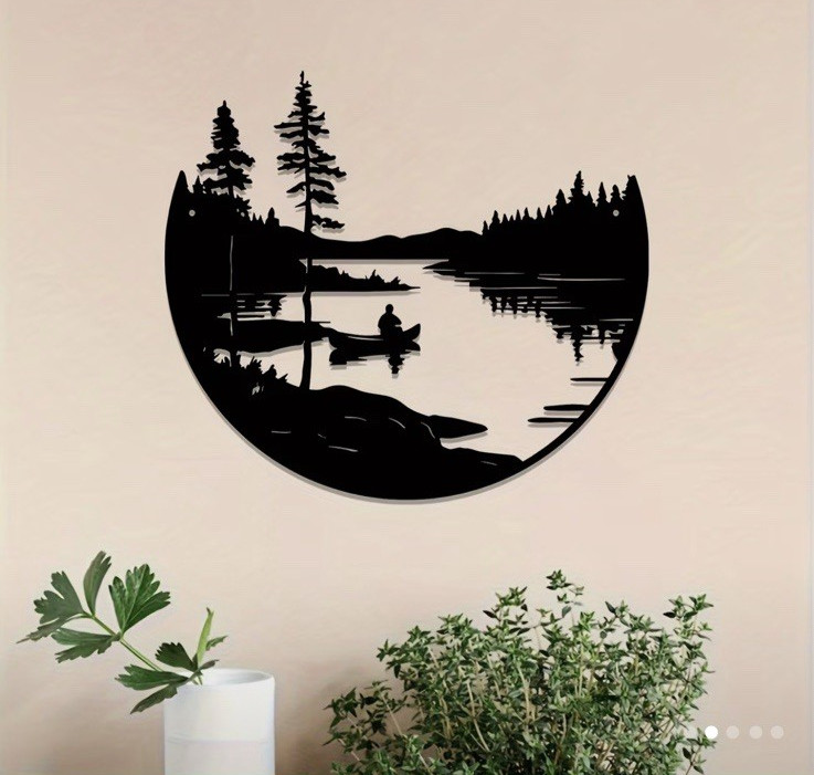 Fisherman Wall Decor Black Metal Man Fishing In Boat, Lake Wall Art Medium