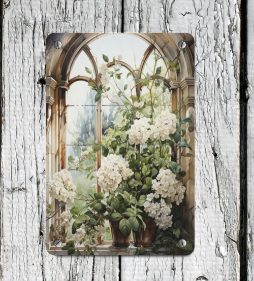 Victorian White Hydrangea Flowers Window Vintage Wall Decor Metal Wall Sign
