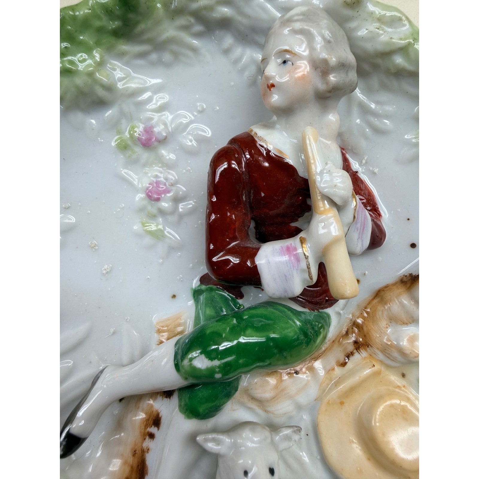Vintage Porcelain 3D Relief Wall Plaques Set 2 6″ Multicolor Pastoral Figures