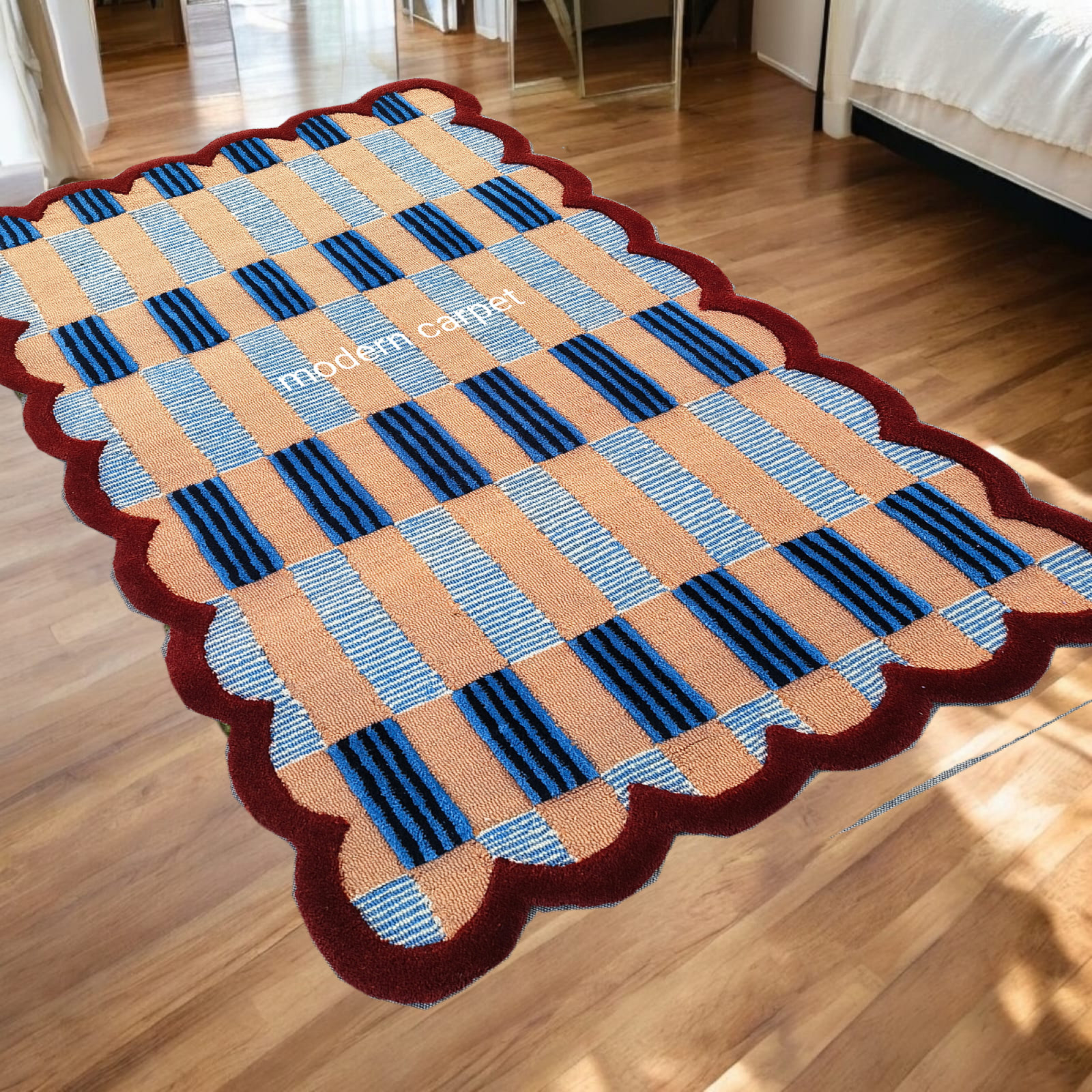Handmade Checkered Wool Rug Blue Red | Scalloped Geometric Carpet Living Room