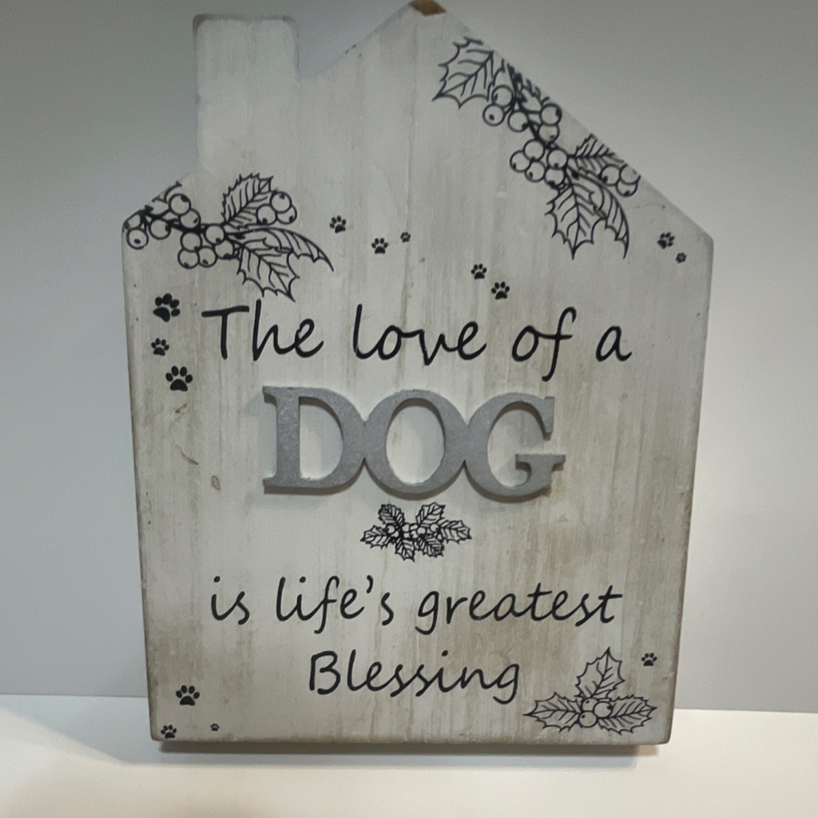 Holiday Time Decorative Wood House Sign Dog Theme Blessing Animal Print White