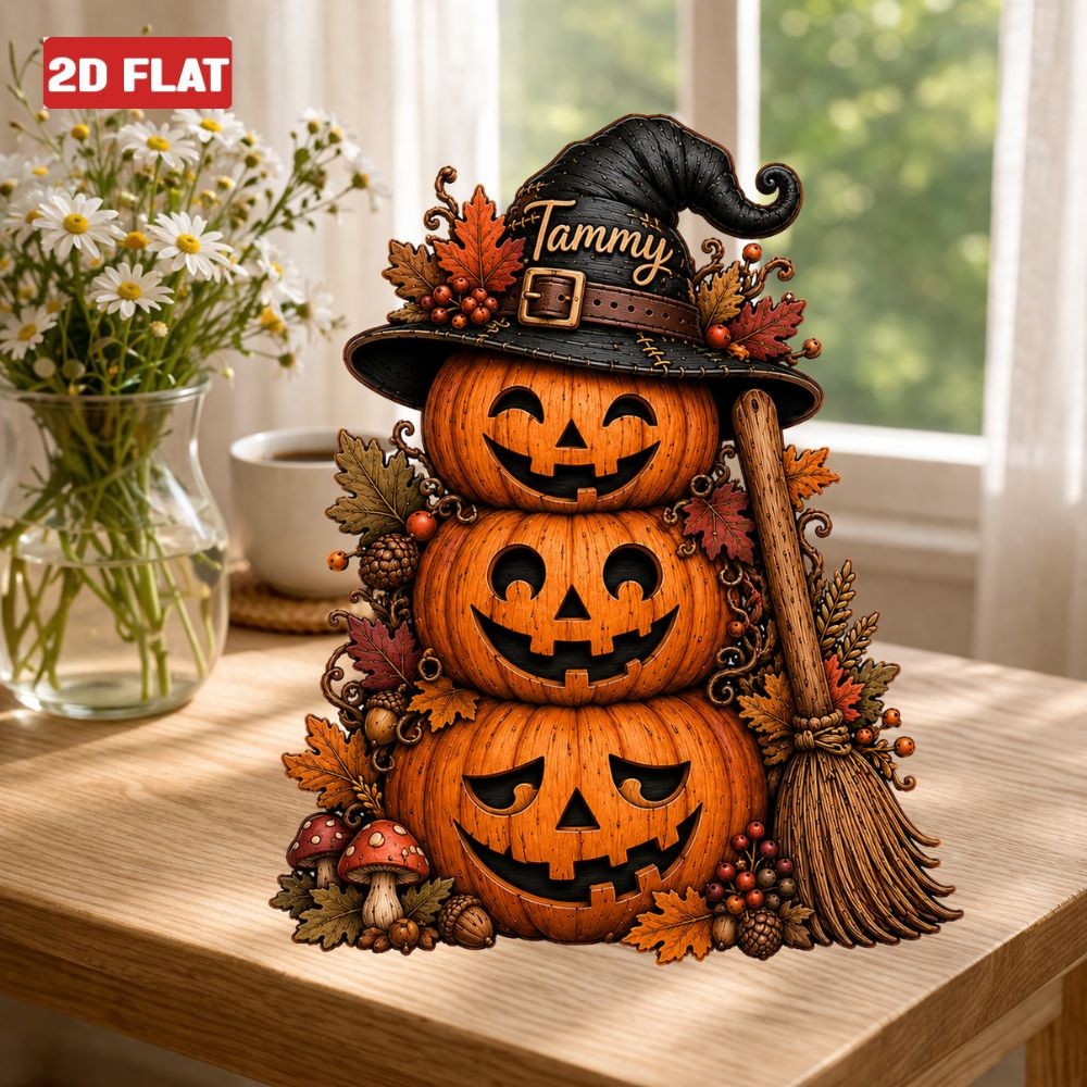 Custom Halloween Pumpkin 2D FLAT Wood Block Spooky Pumpkin Fall Cozy Sign Decor