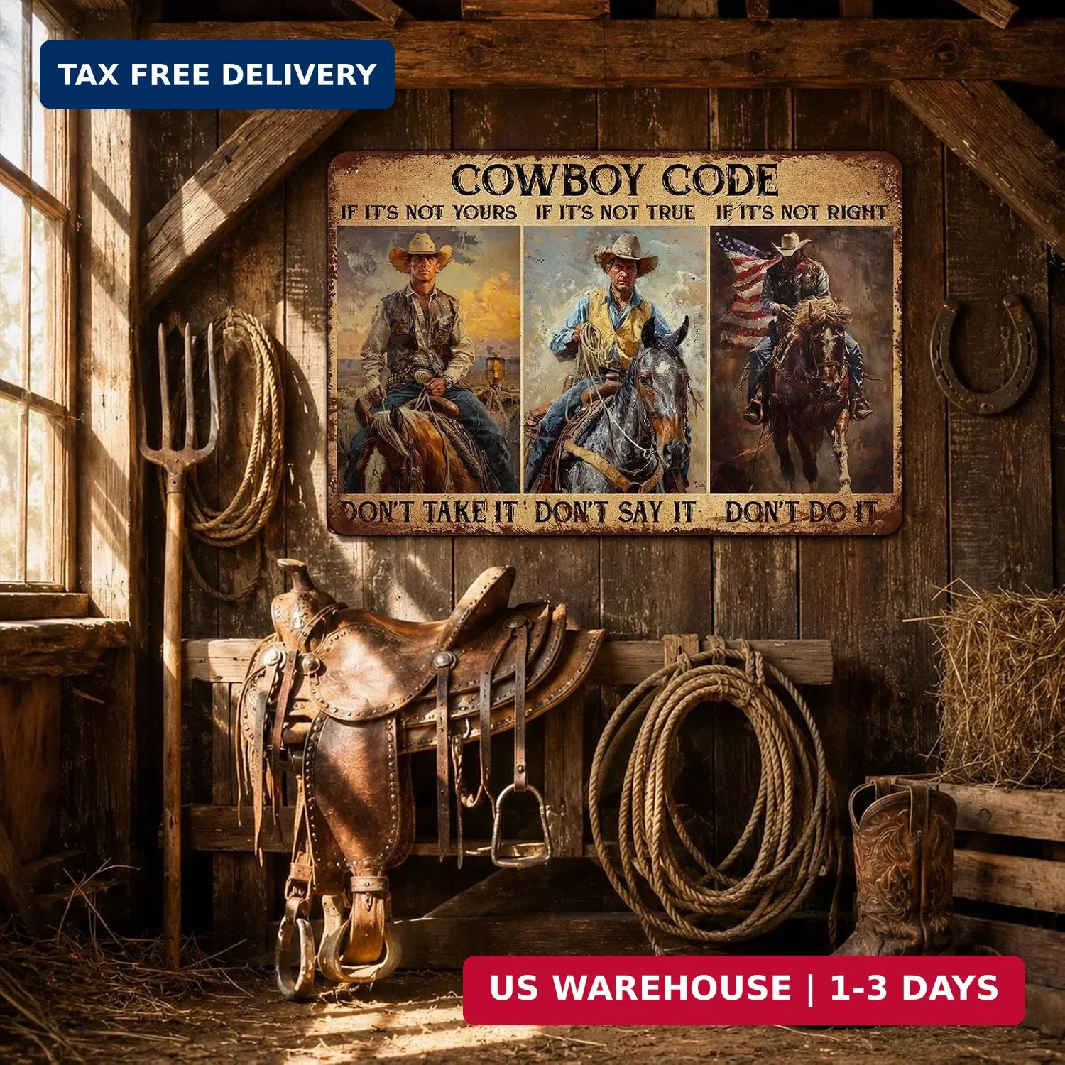 Cowboy Code Metal Sign Western Wall Decor for Man Cave Rustic Cowboy Tin Sign fo