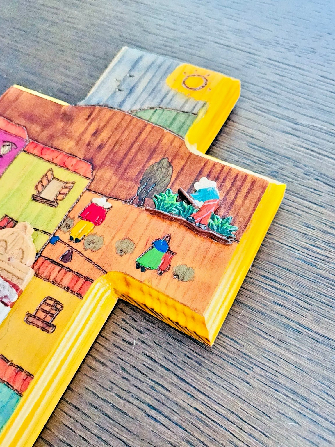 Handmade Peruvian Folk Art Wooden Cross Wall Hanging Set of 3 Village Scene