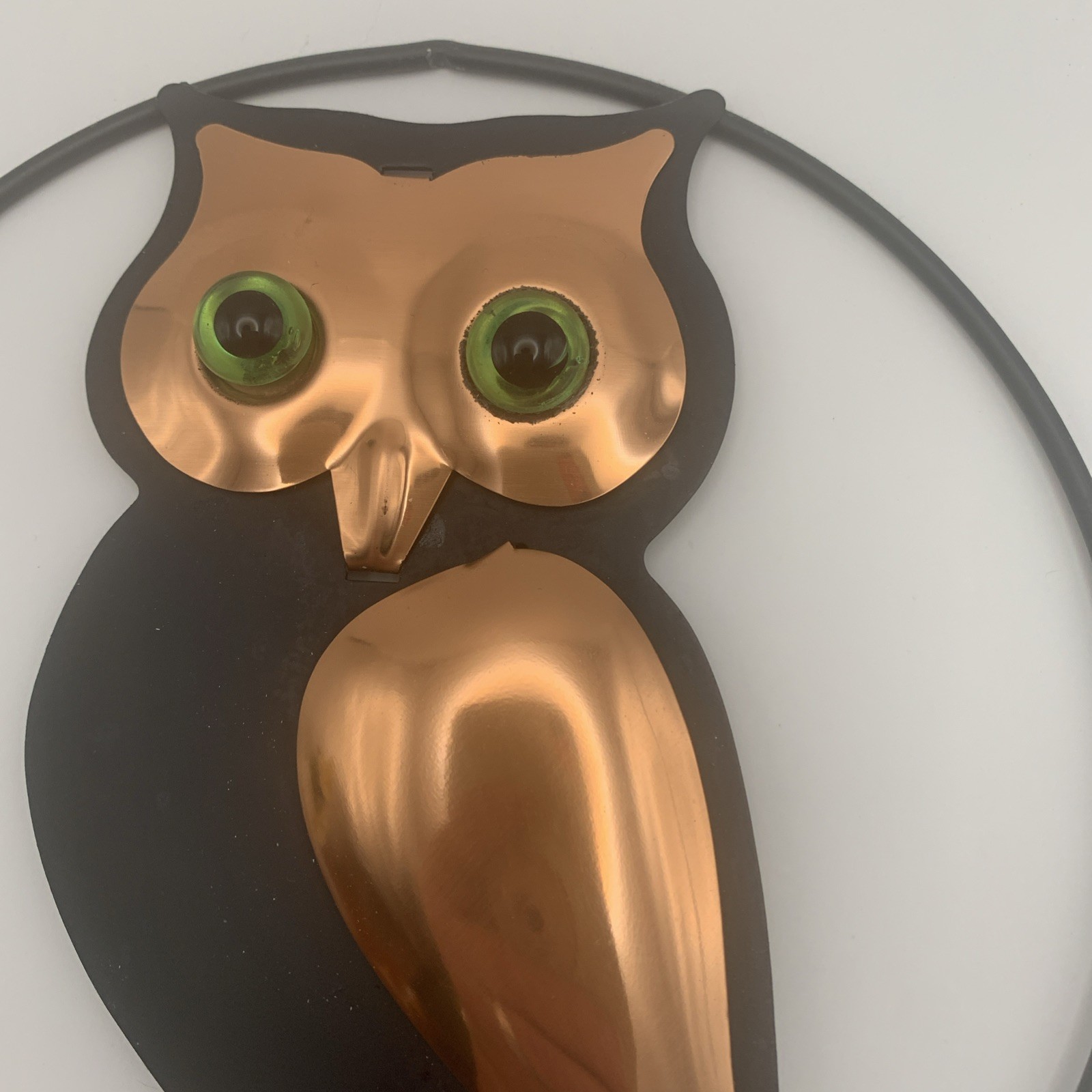 Vintage Coppercraft Guild OWL Plaque Copper & Black Metal Green Eyes S Hooks