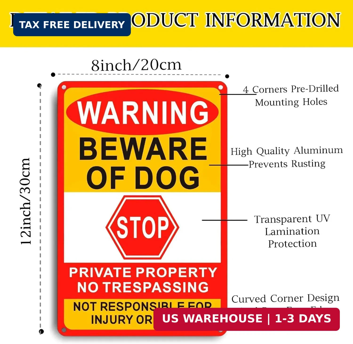 3 Pack Beware of Dog Sign, 12X8 Inches, Aluminum Metal, No Trespassing Sign