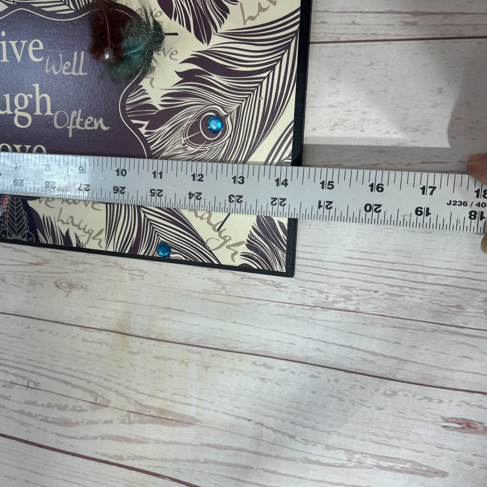 Live Well Love Much Laugh Often Peacock Bling Feather Wall Art wood Plaque 14X7″