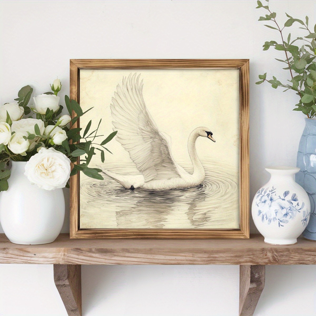 Vintage White Swan Wooden Framed Wall Art Decor Vintage Farmhouse Plaques Sign
