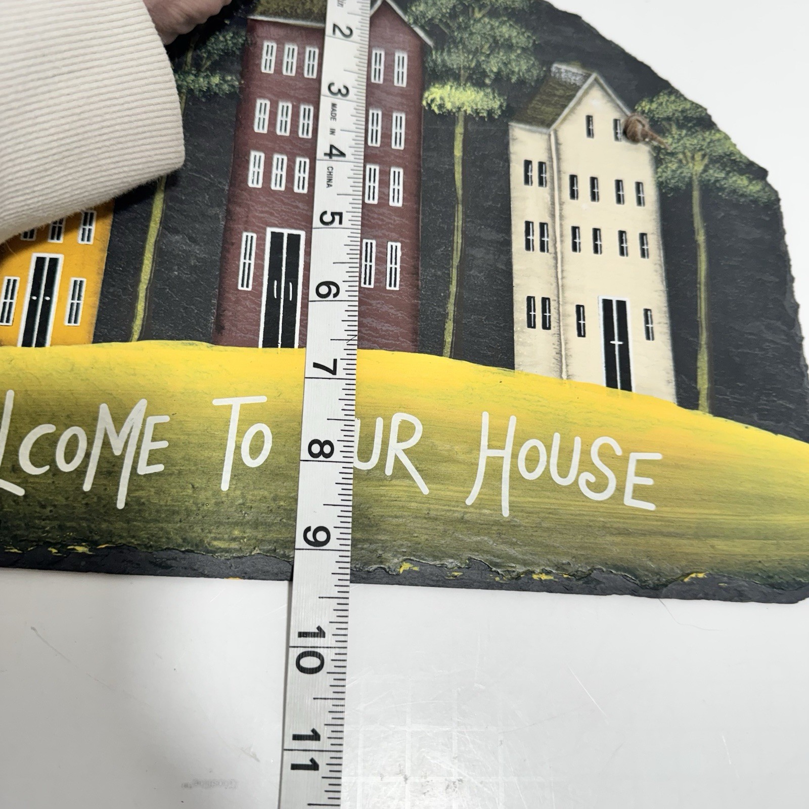 Hand Painted Welcome to Our Home Slate Wall Hanging Leather Strap Cottagecore