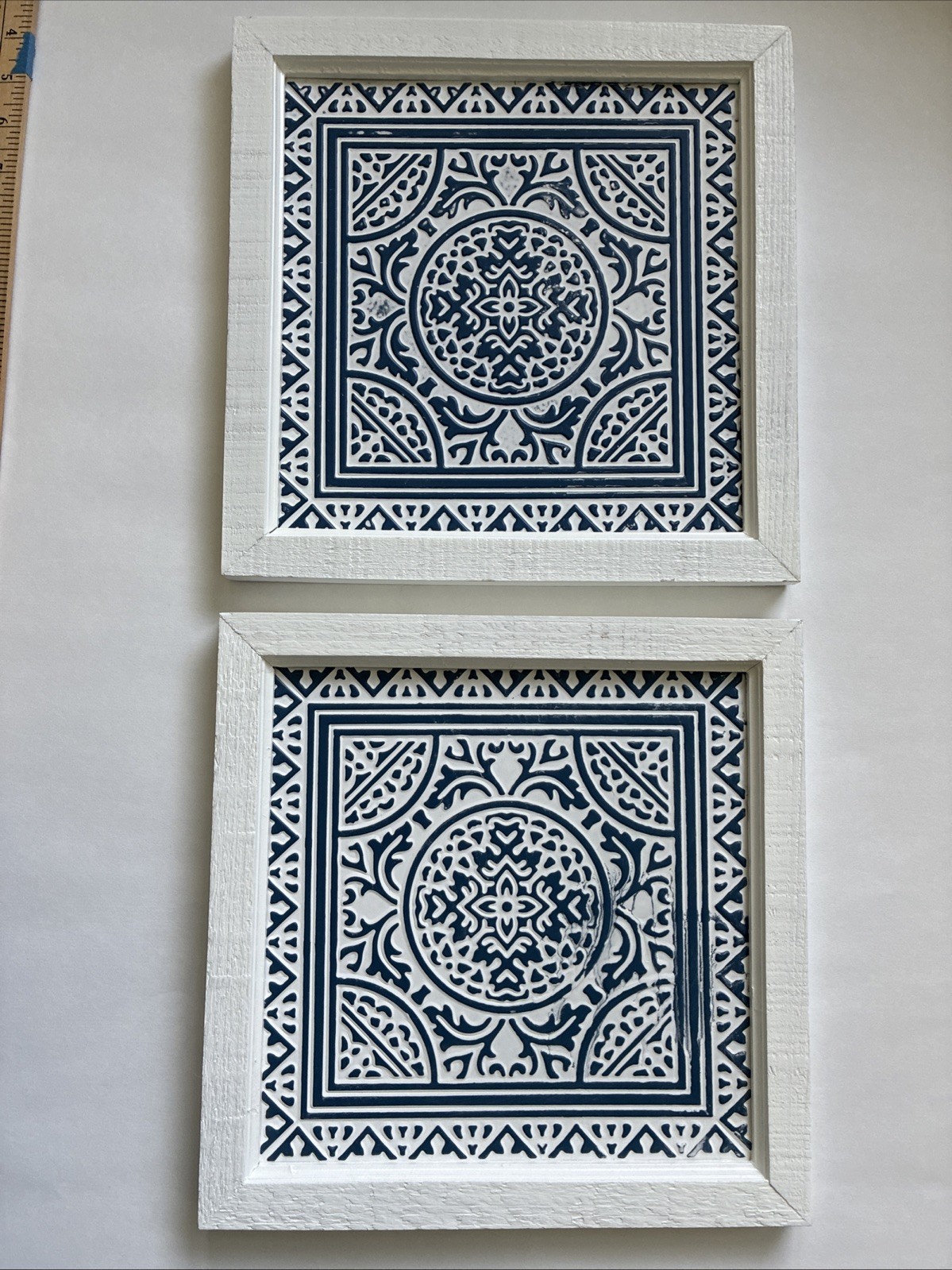 2 Farmhouse White Metal Tile Wall Decor 11.5×11.5 Wood Frame Distressed Tin Art