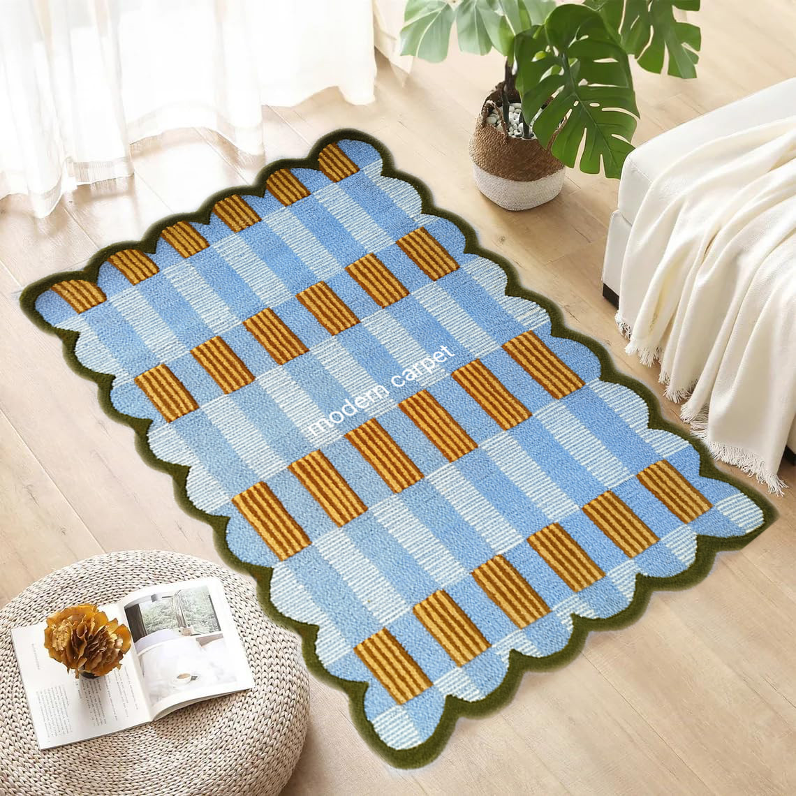 Handmade Wool Tufted Rug Mustard Blue | Modern Geometric Carpet Cozy Home Decors