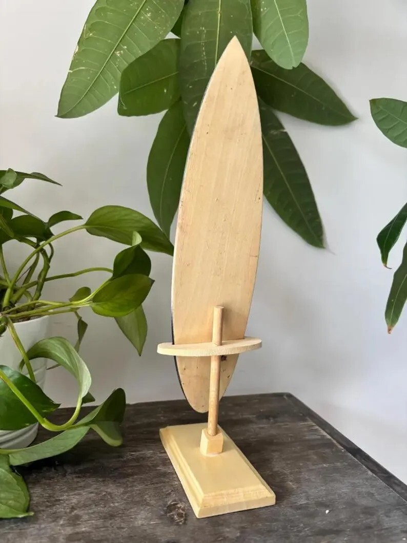 Hawaiian Hand Made 8″ Carved Wood Surfboard w/ Display Stand Engraved Hibiscus
