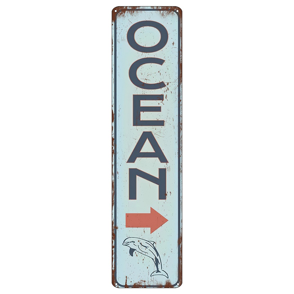 Rustic Vertical Ocean Dolphin Direction Metal Sign Coastal Cottage Wall Plaque