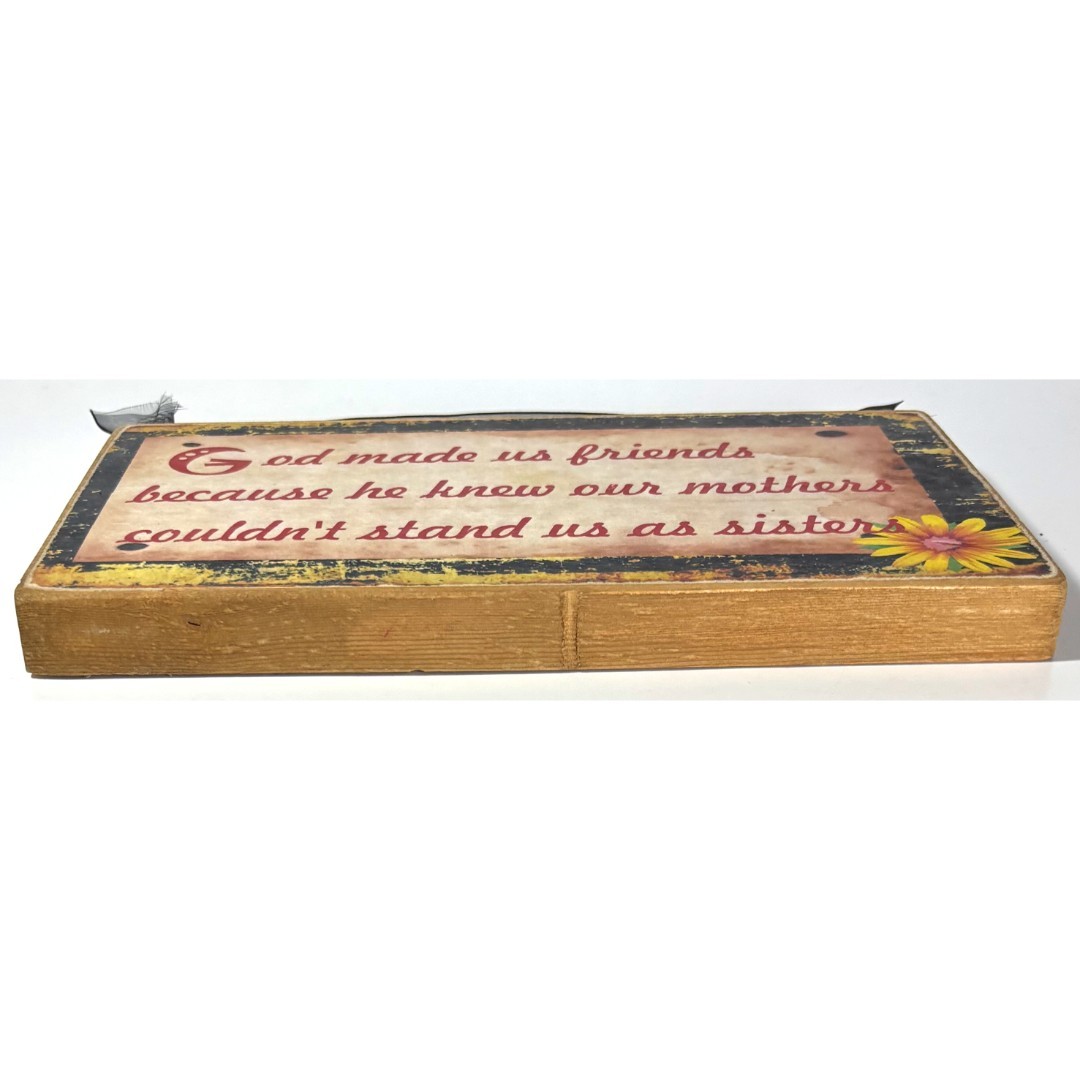 Vintage God Made Us Friends Wood Rectangular Plaque Flowers Floral Ready To Hang