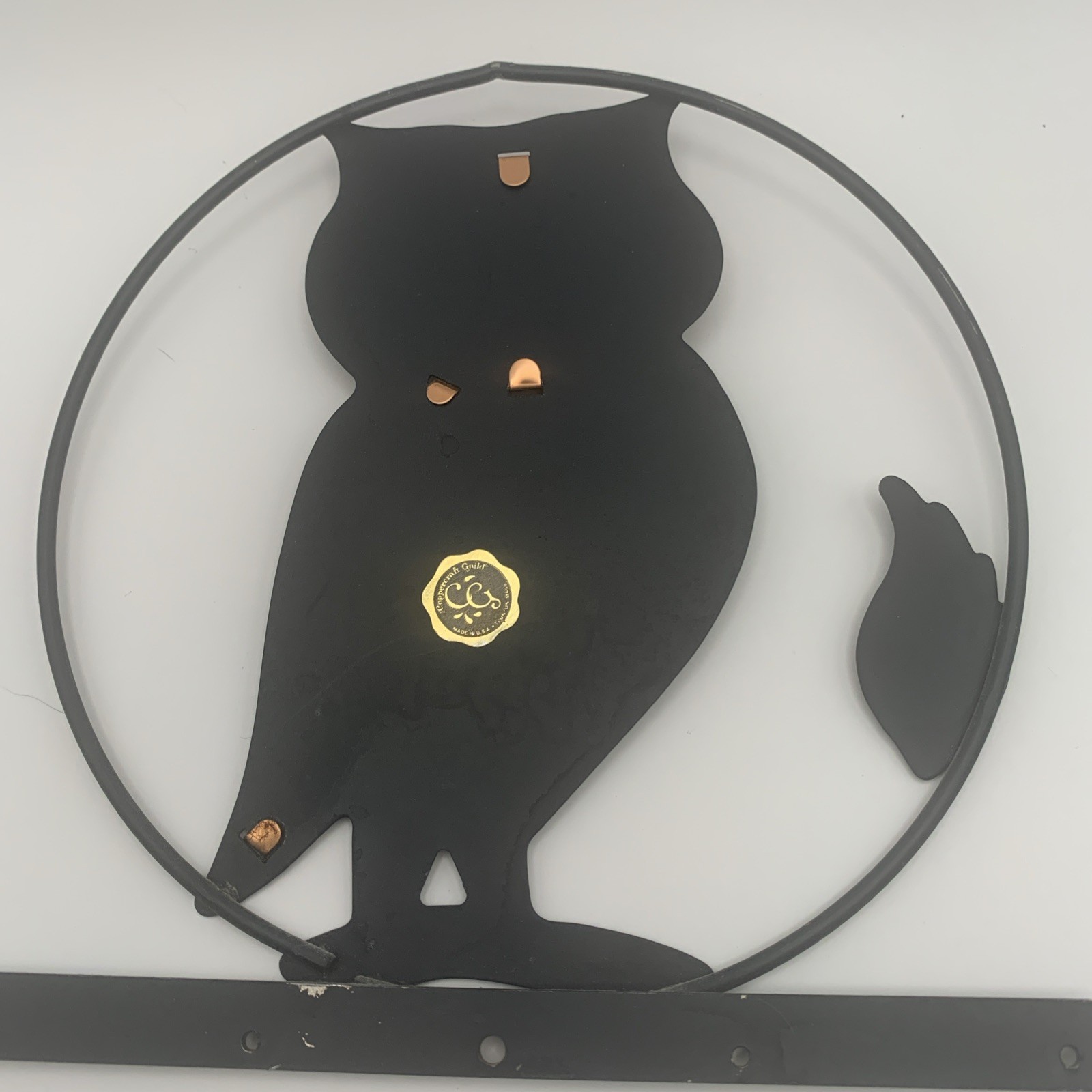Vintage Coppercraft Guild OWL Plaque Copper & Black Metal Green Eyes S Hooks