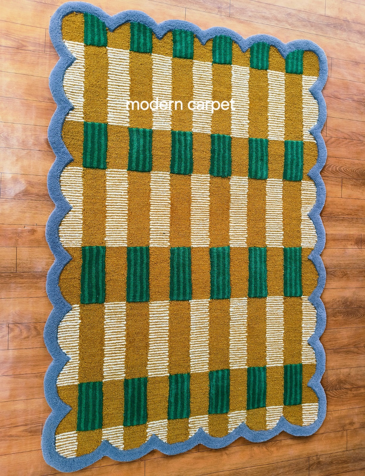 Modern Scalloped Border Area Rug Wavy Checkered Mustard Green Wool Carpet 8×10