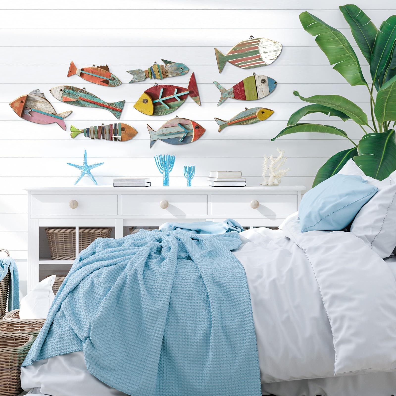 10 Pcs Wooden Fish Wall Decor Wood School of Fish Coastal Wall Decor