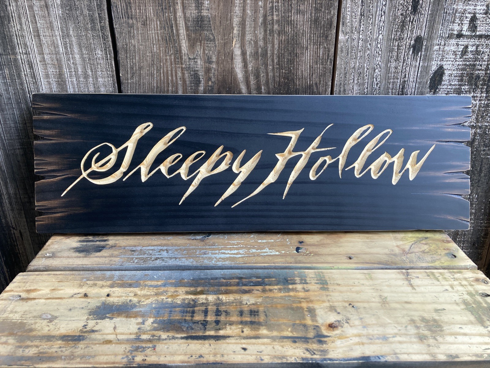 Halloween Sleepy Hollow Wooden Sign Carved Rustic Antique Look