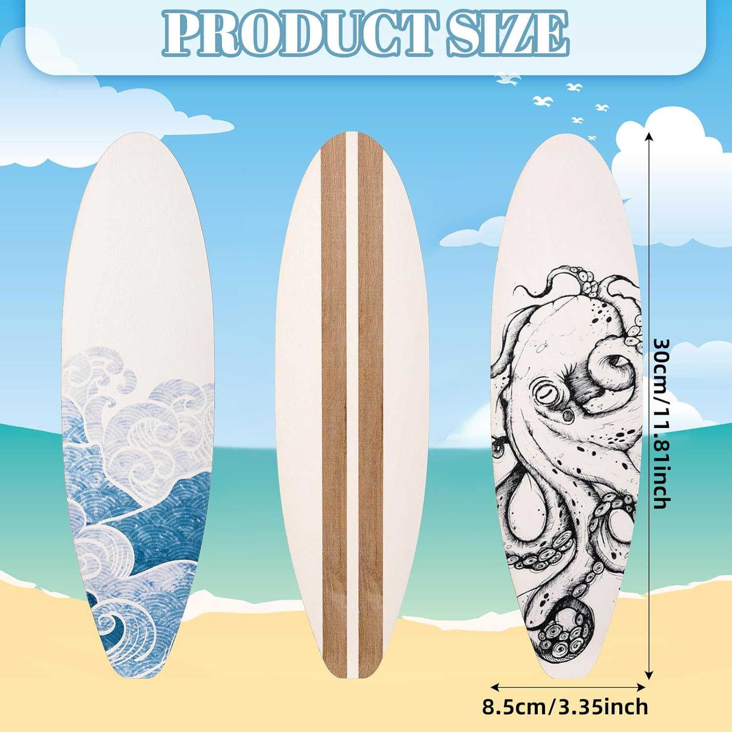 3 Piece Wooden Surfboard Wall Decor for Beach-Inspired Bedroom or Living Room