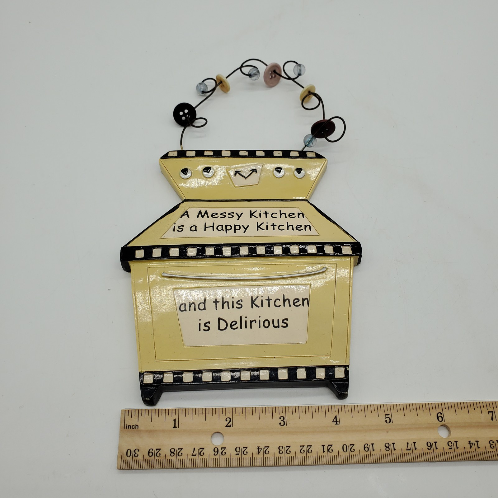 Kitchy Ceramic Plaque “A Messy Kitchen Is A Happy Kitchen” 4″×6″ W/Beaded Wire
