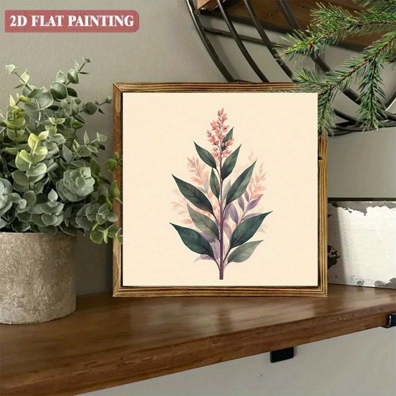 Blush Pink Floral Stem Green Leaf Botanical Wooden Plaque Neutral Rustic Decor