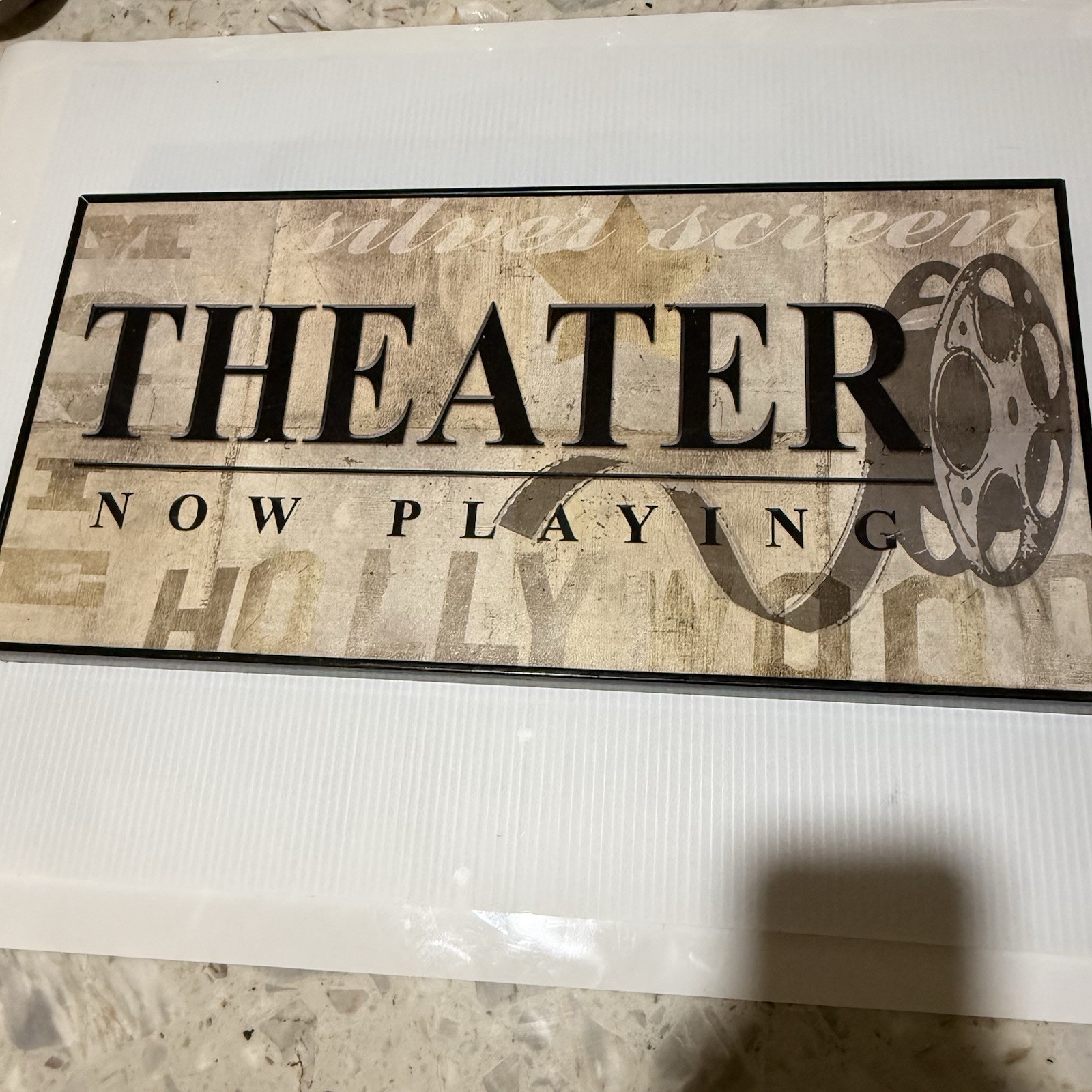 Theater Now Playing Wood Decorative Wall Sign, Rectangle Horizontal, Film Reel