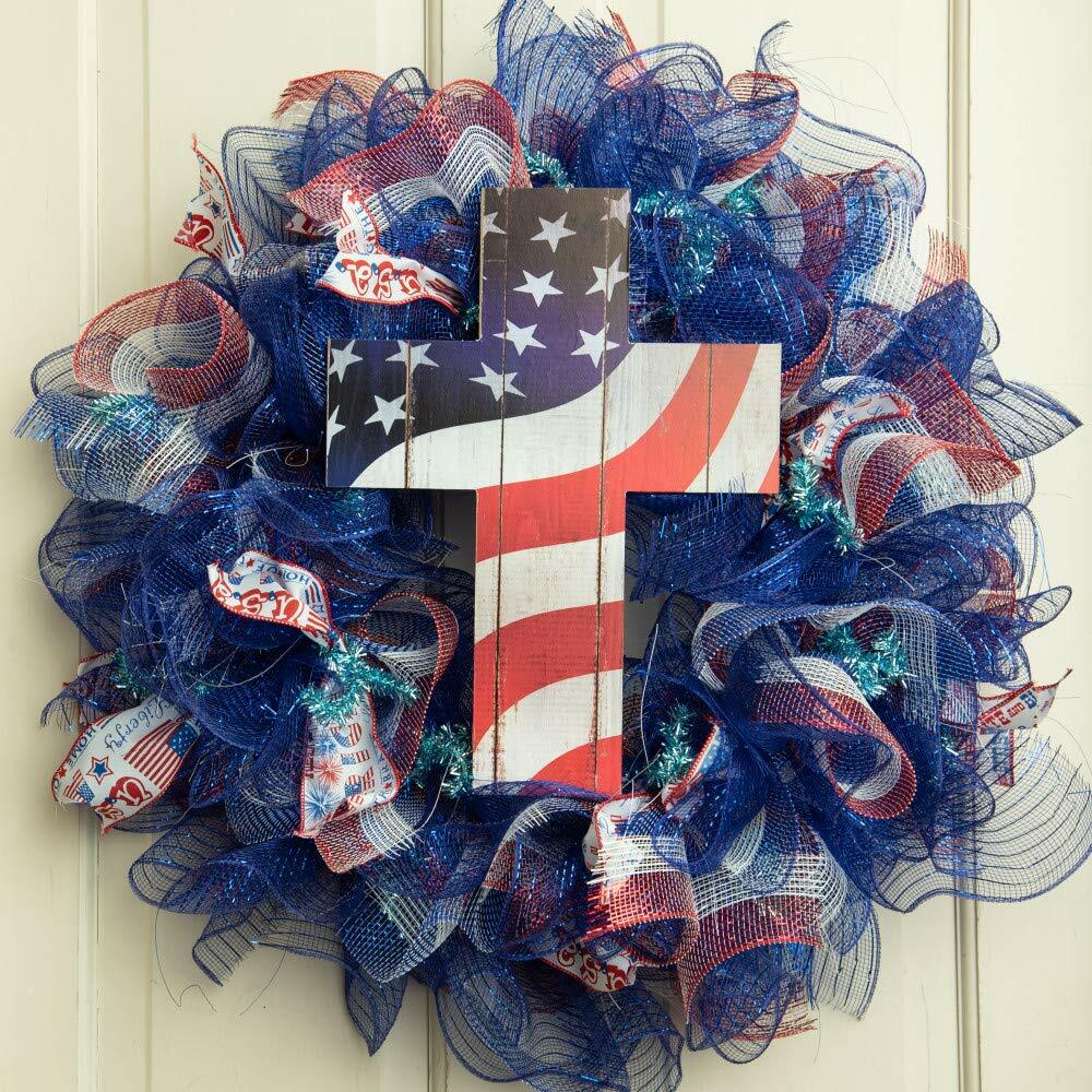 Patriotic American Flag Cross Sign – 13″ x 10″, 4th of July, Christian Decor