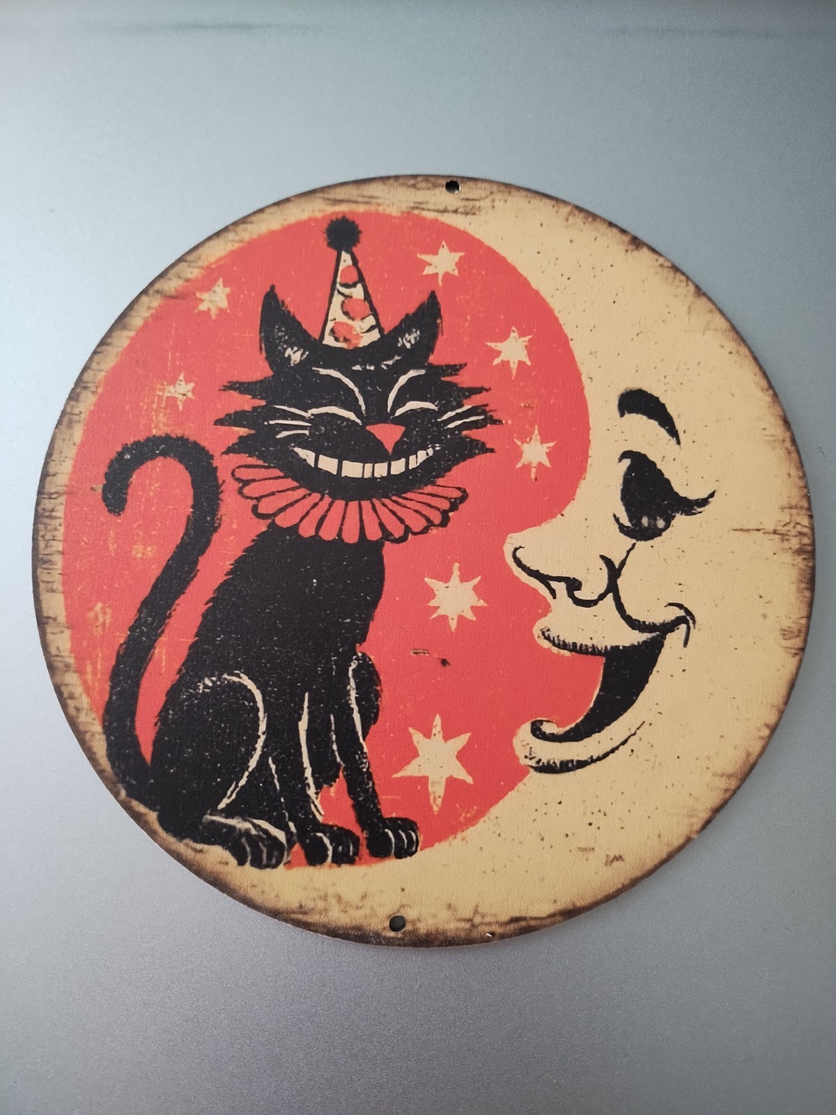 Vintage Style 6″ Round Wooden Halloween Retro MCM Black Cat & Half Moon Sign