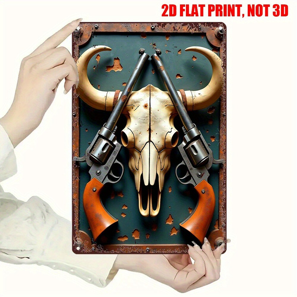 Retro West Cowboy Metal Wall Art Rustic Skull Revolver Tin Plaque Bar/Cafe Decor